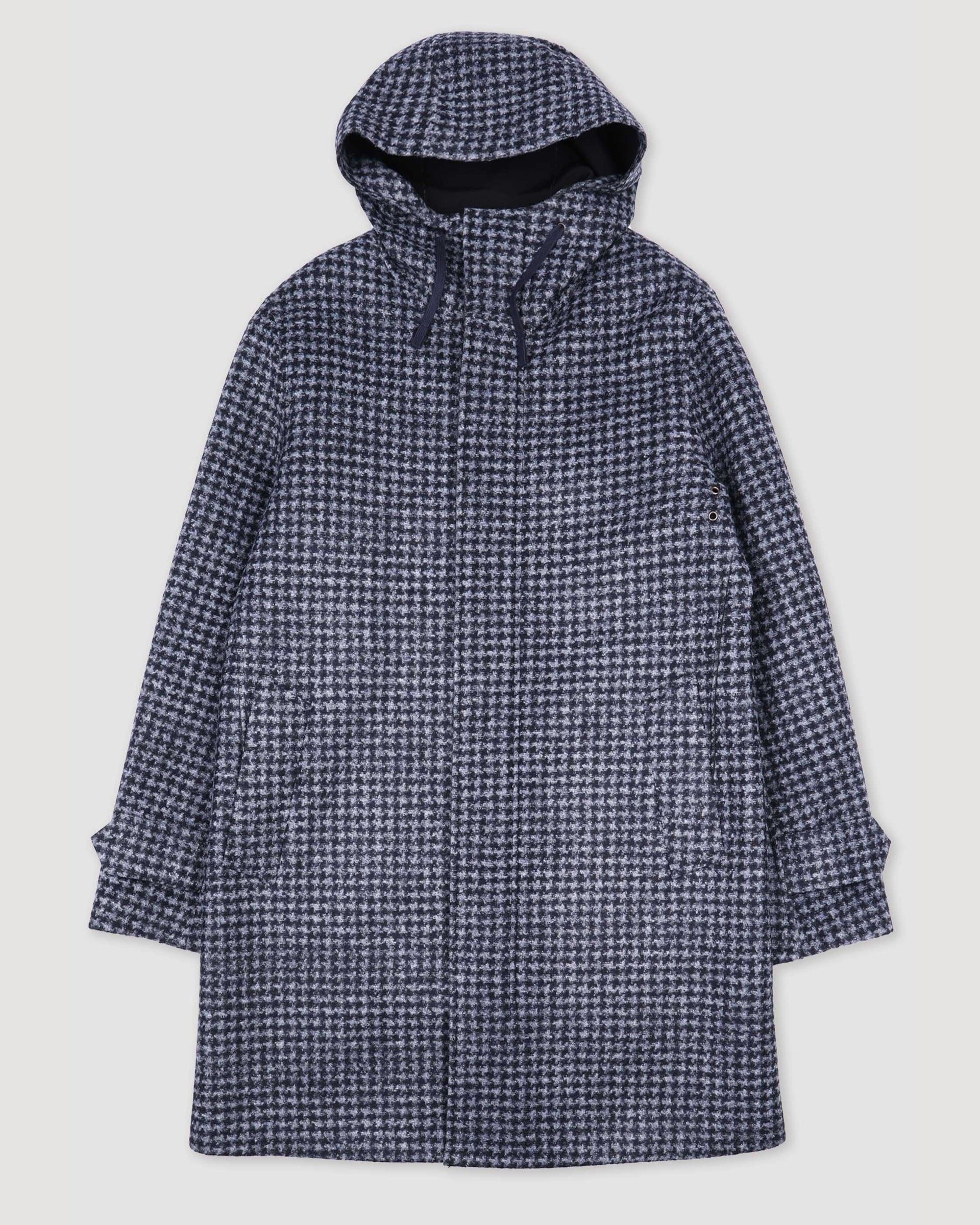 Parka con cappuccio in jersey tecnico, fantasia pied poule. Bicolore - Navy blue/Grigio