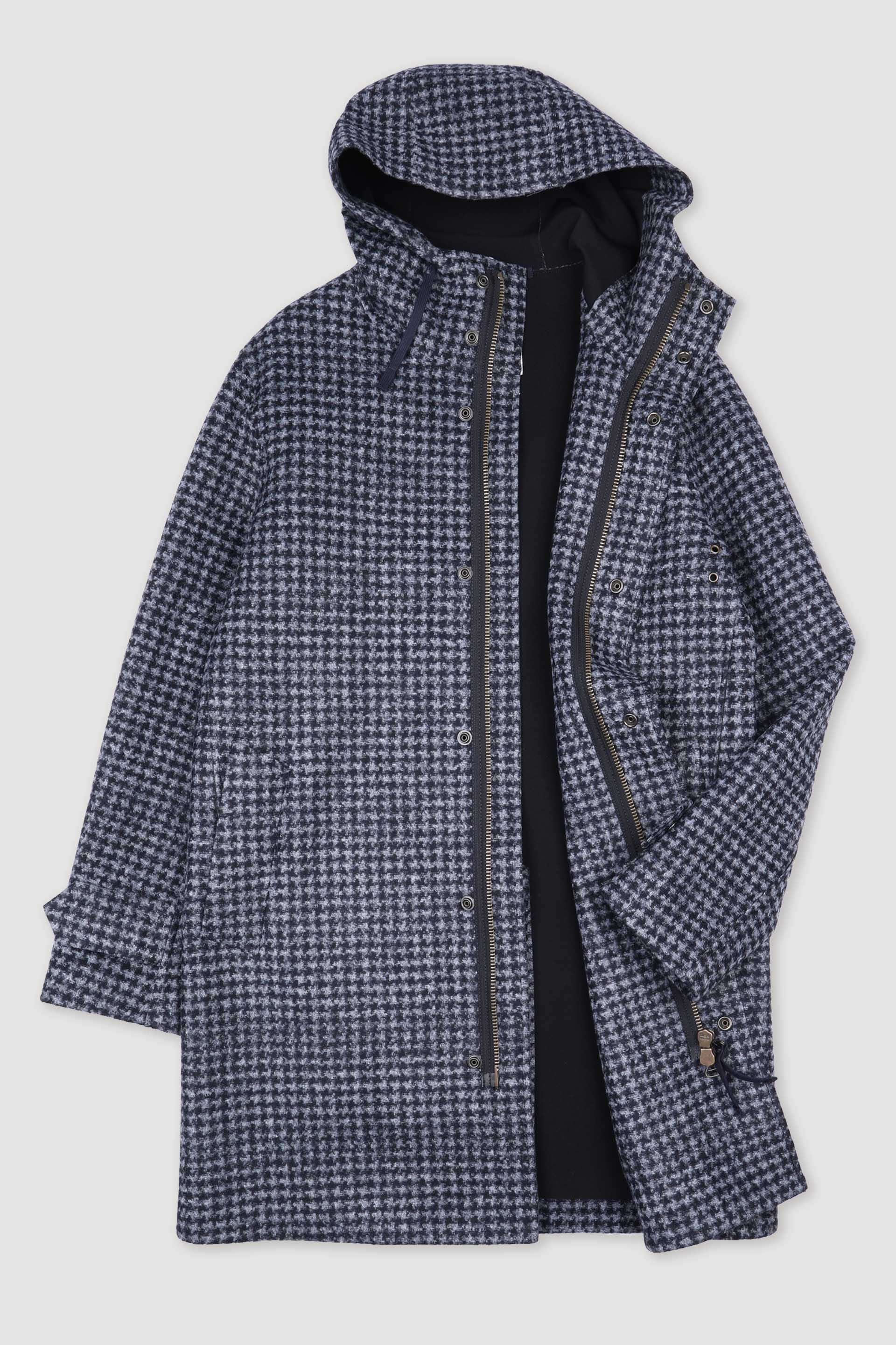 Parka con cappuccio in jersey tecnico, fantasia pied poule. Bicolore - Navy blue/Grigio