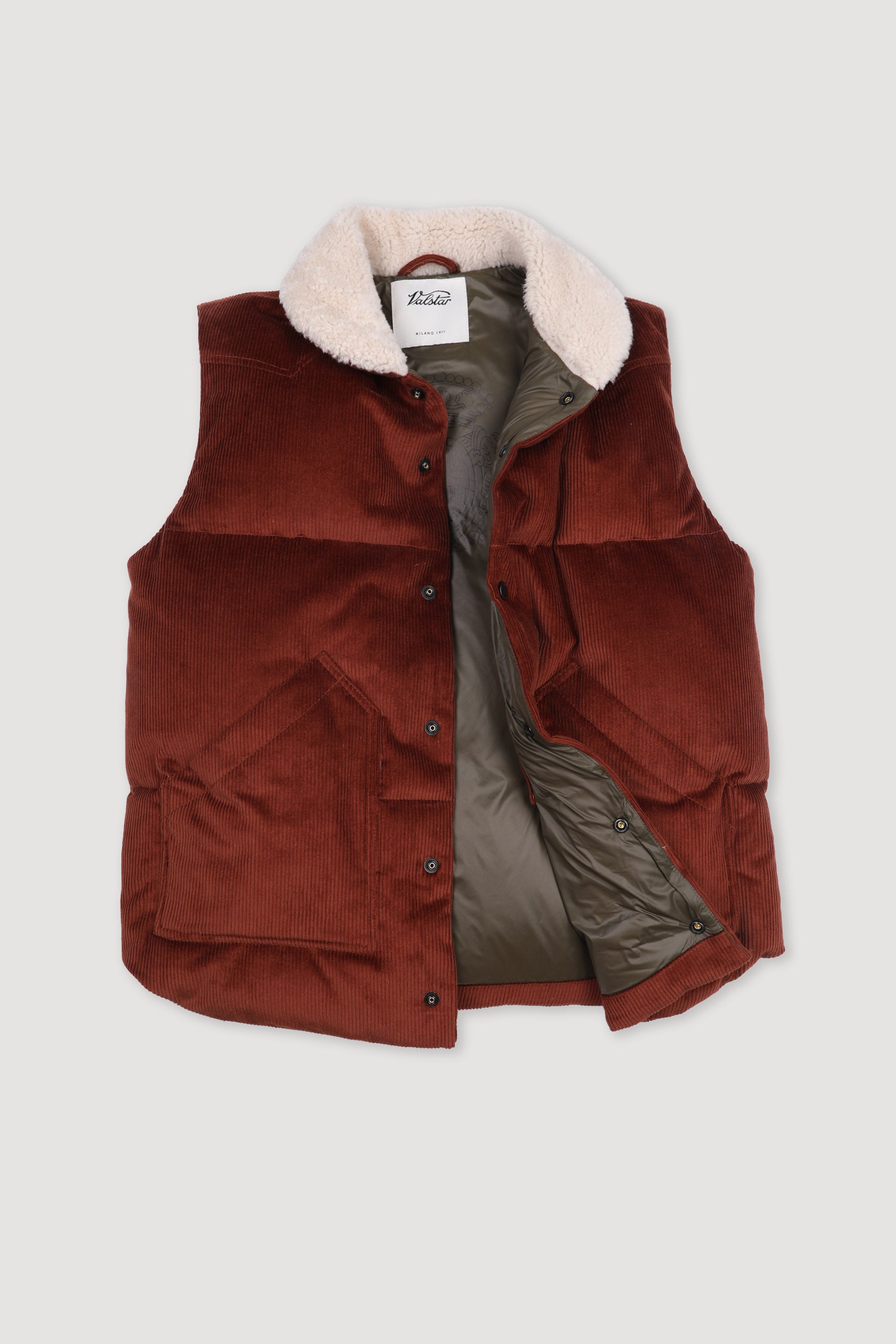 GILET IMBOTTITO IN PIUMA, VELLUTO STRETCH, COLLO IN MONTONE - Terra di siena