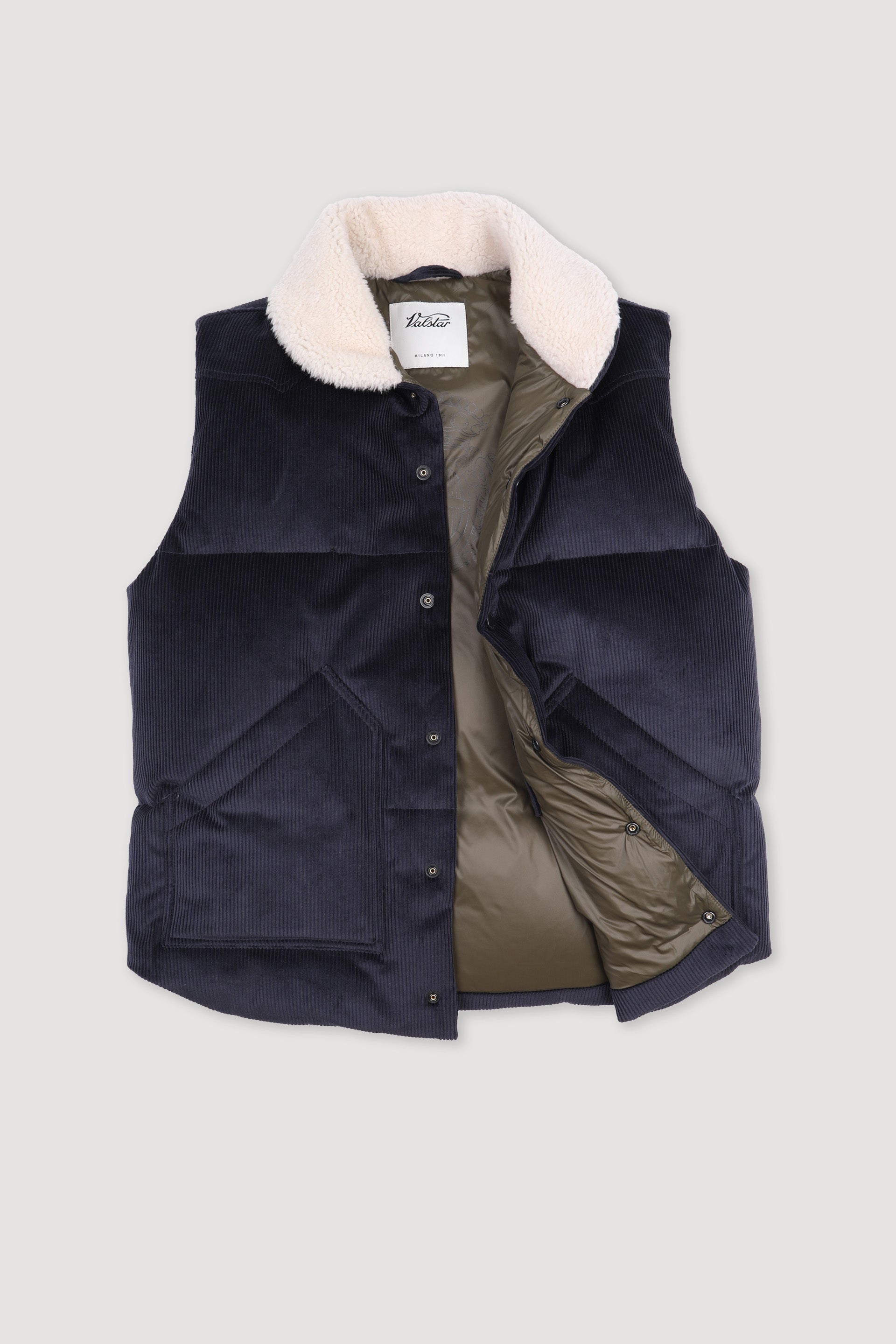 Goose down vest in suede leather with shearling collar. Blue - Navy