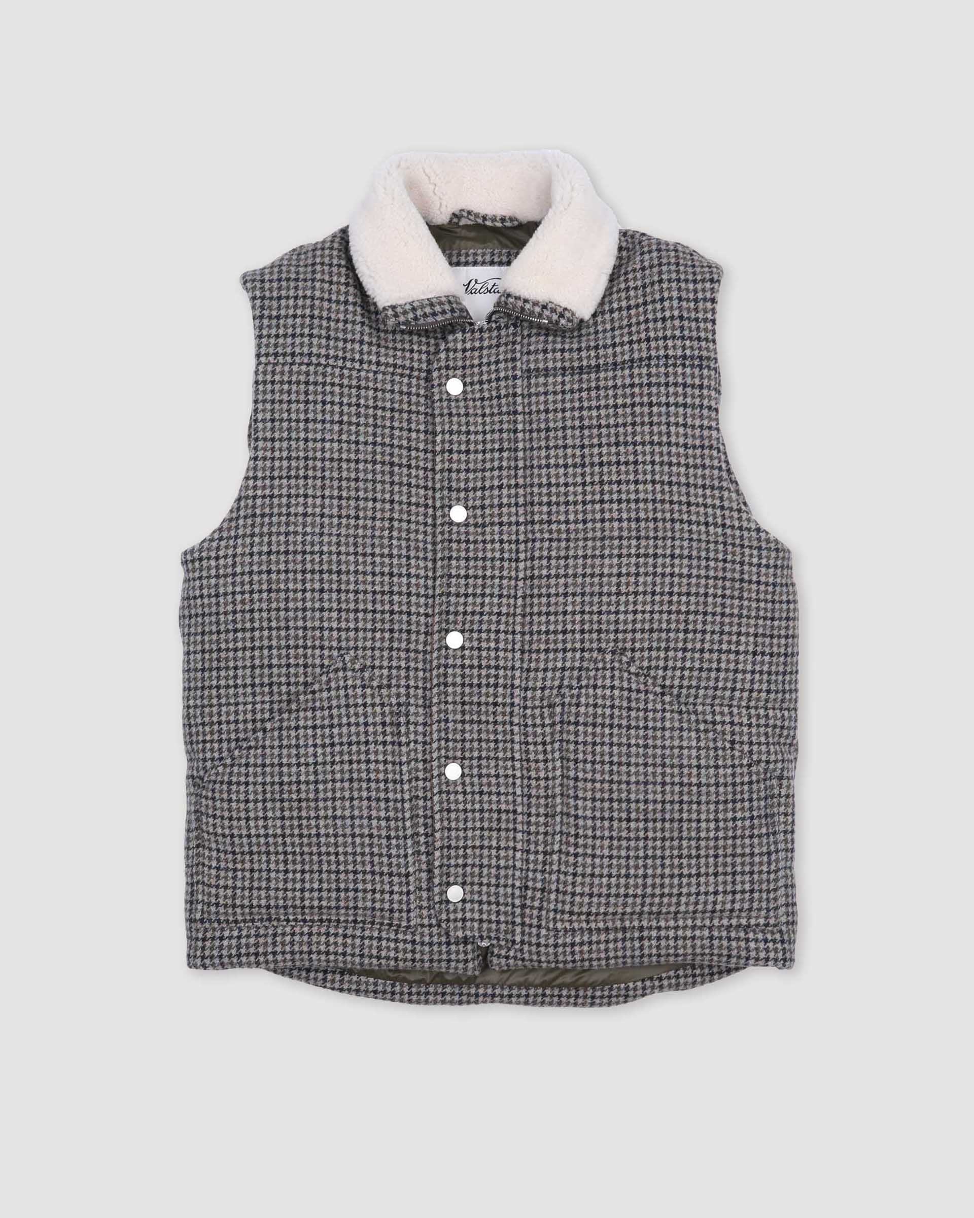 Oscar padded vest in houndstooth wool fabric with shearling collar. Gr