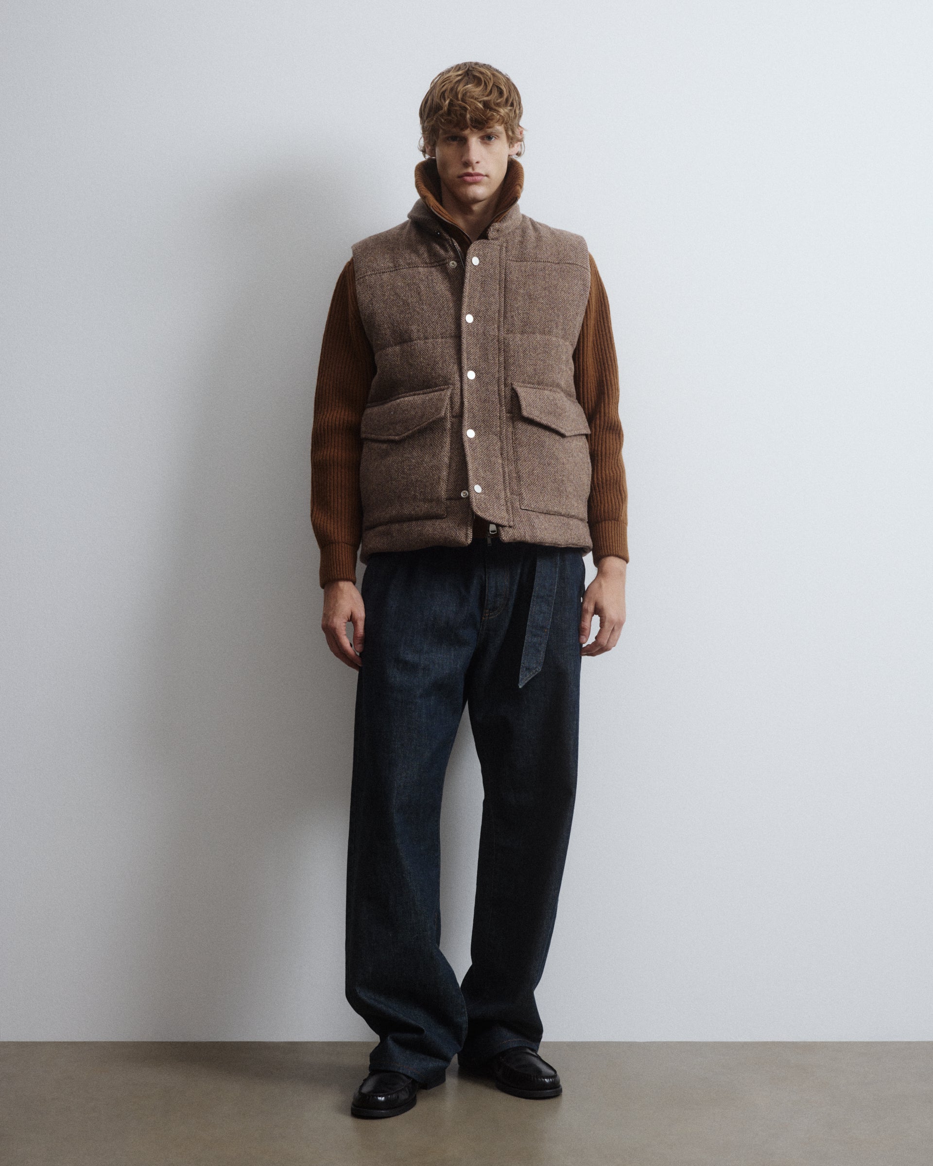 Smanicato Locke in pura lana vergine fantasia broken twill con in maglia di lana, imbottito. Beige - Tabacco/Nocciola