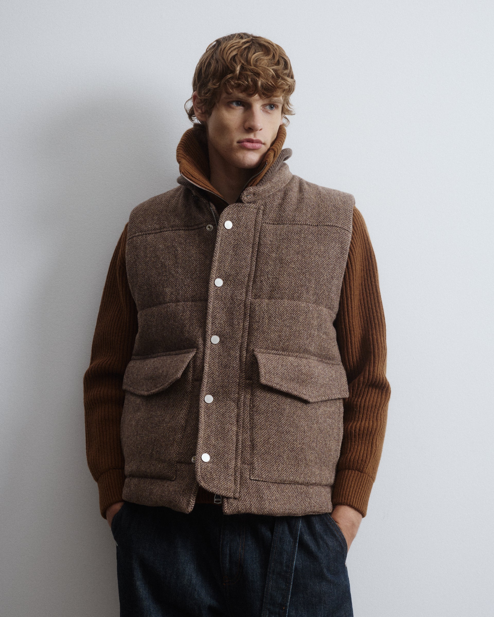 Smanicato Locke in pura lana vergine fantasia broken twill con in maglia di lana, imbottito. Beige - Tabacco/Nocciola