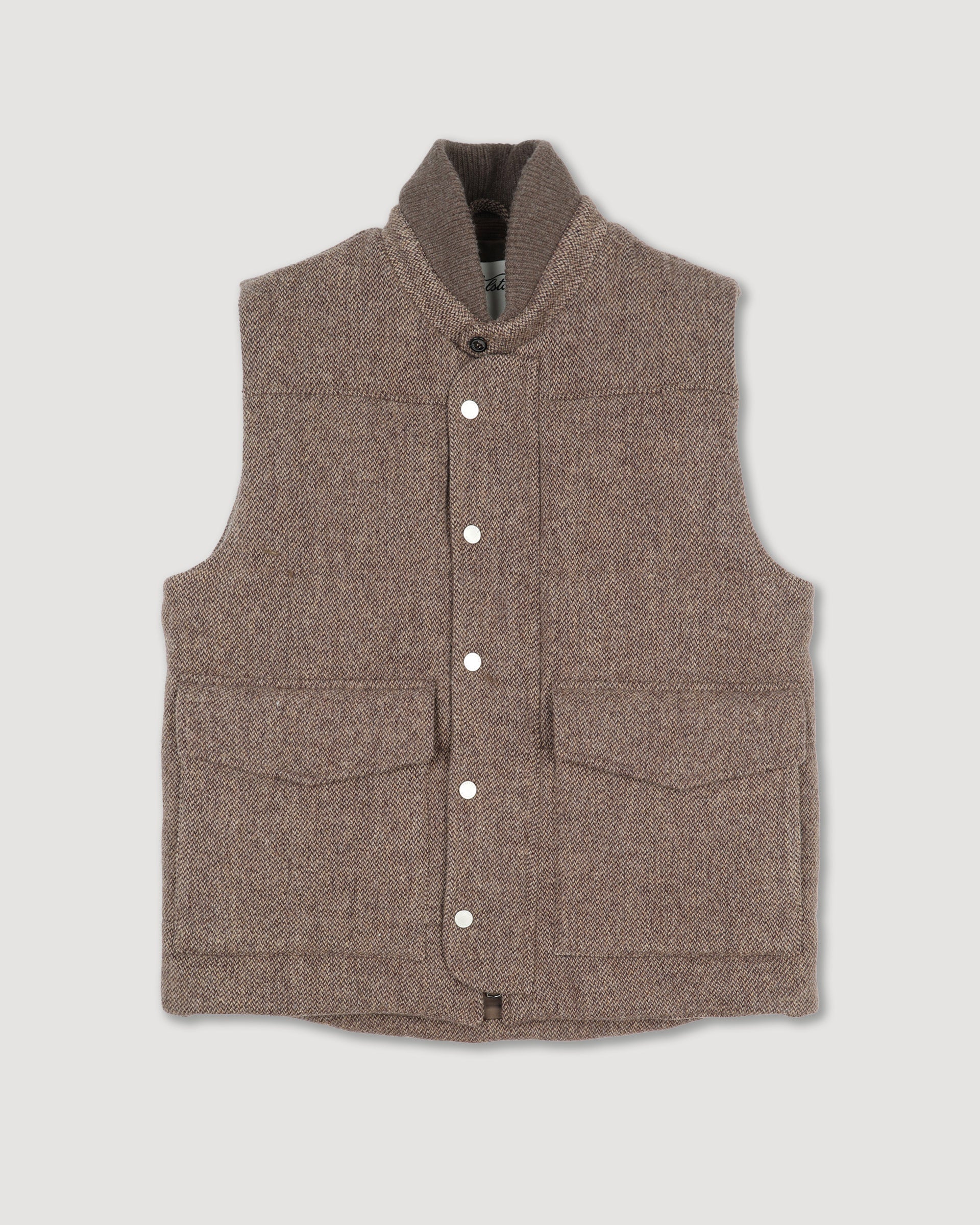 Locke padded gilet in pure virgin wool broken twill with wool-knit col