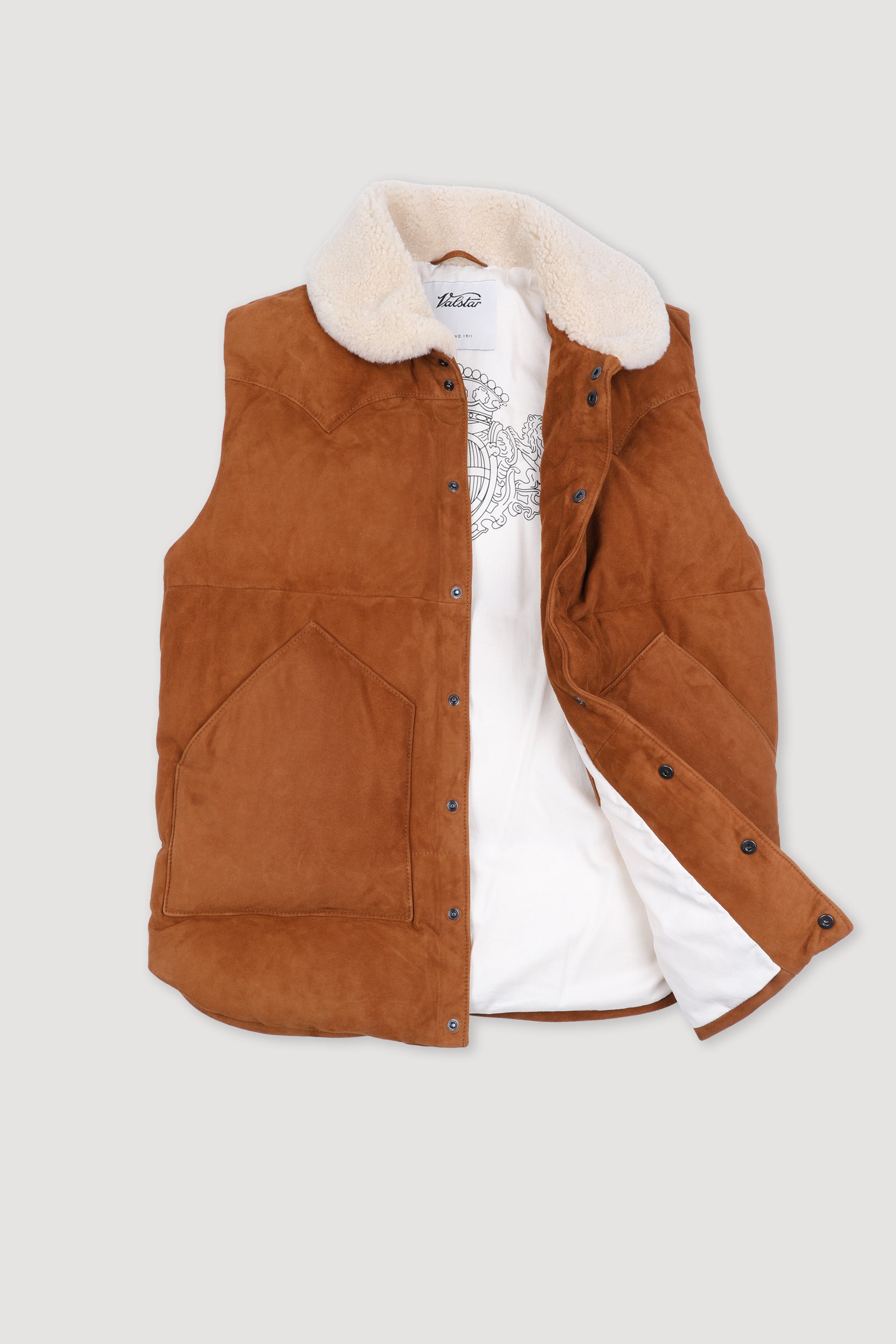 Down padded vest in suede leather whit shearling collar. Brown - Sanda