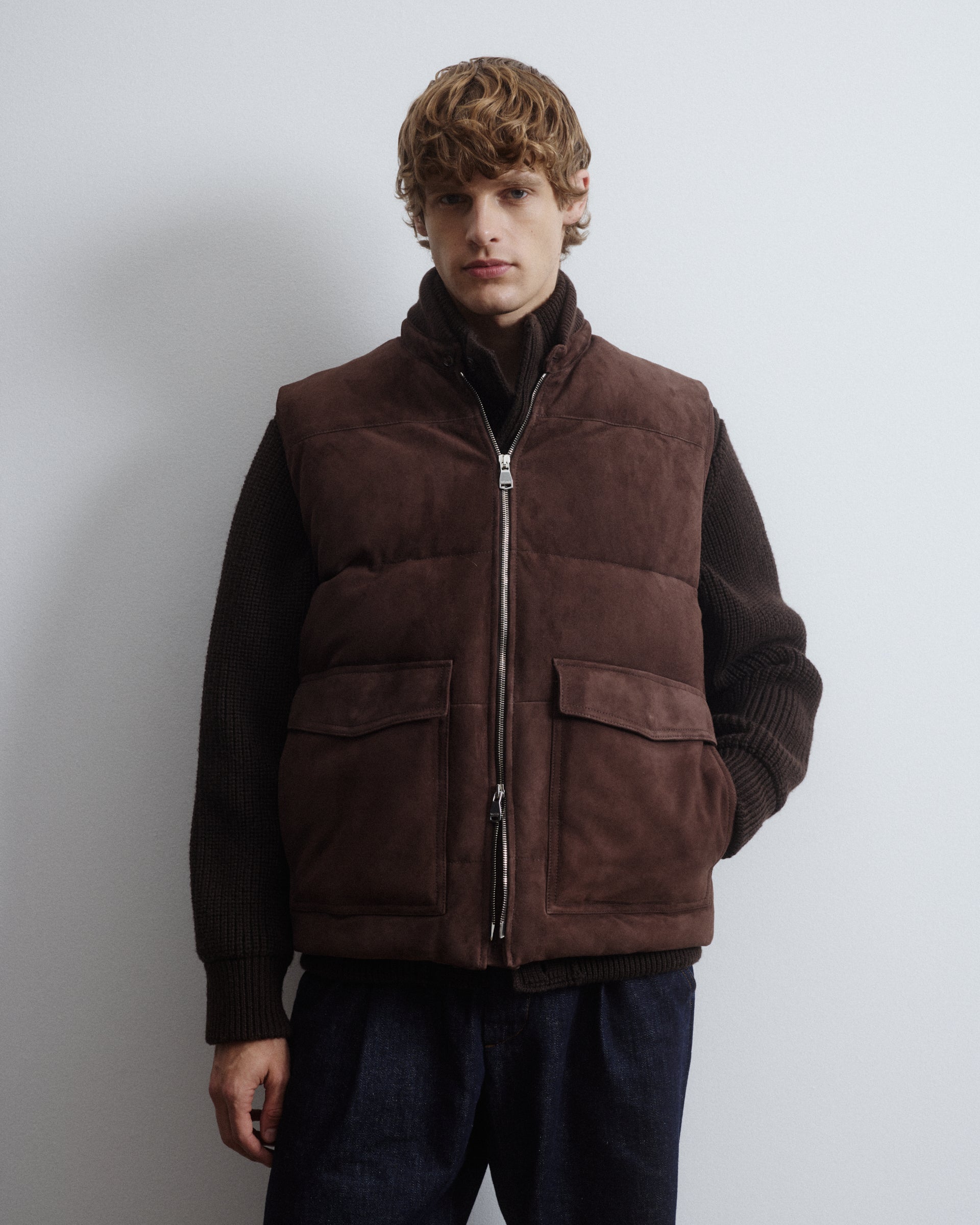 Locke down padded vest in suede leather whit knit collar. Brown - Caff