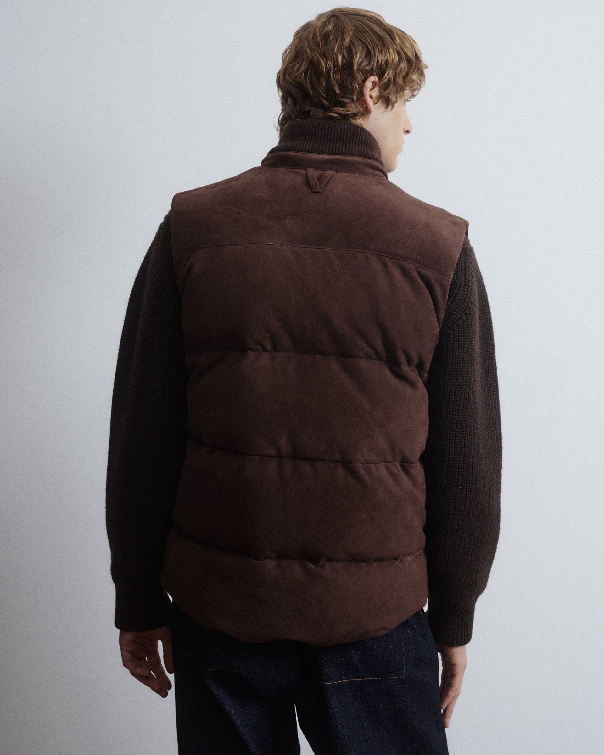 Locke down padded vest in suede leather whit knit collar. Brown - Caff