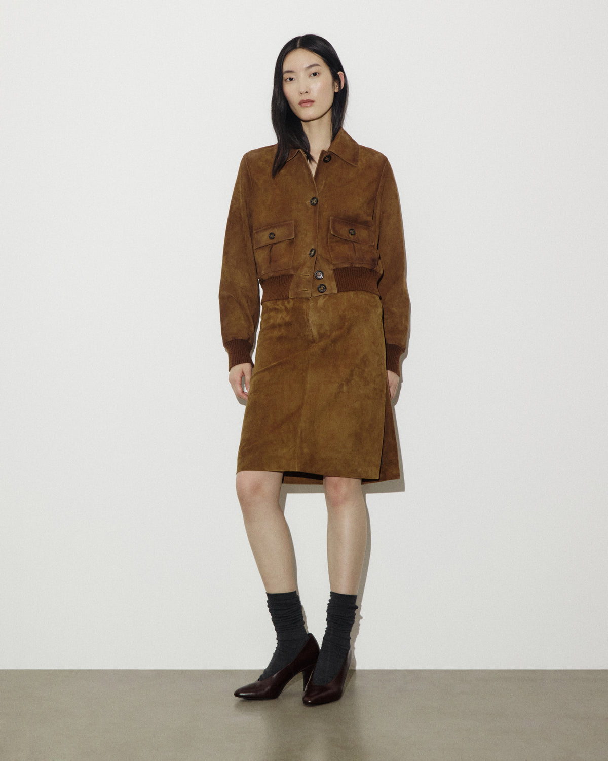 Gonna tubino in light suede effetto vintage. Marrone - Tabacco