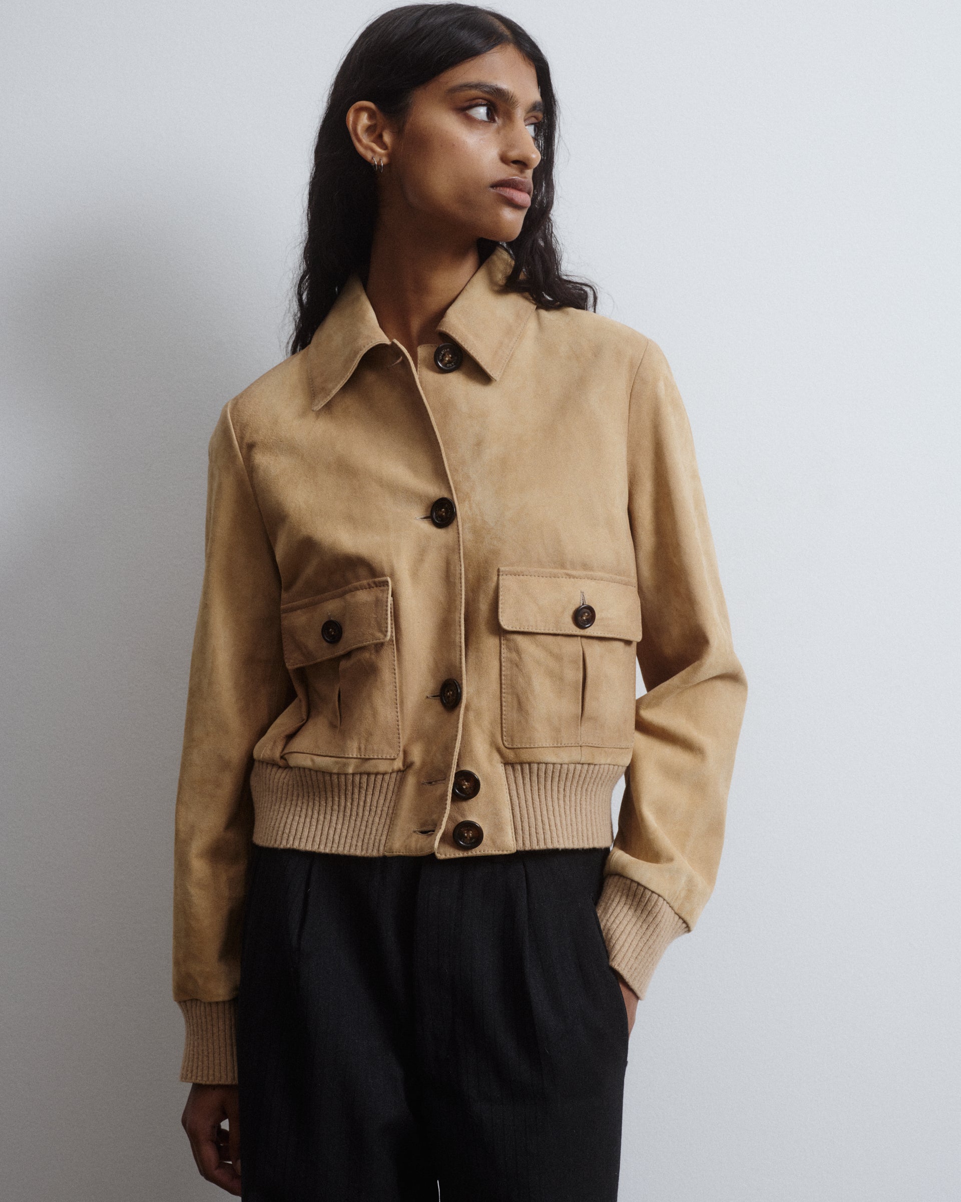 DONNA-VALSTARINO CROPPED CON BOTTONI IN LIGHT SUEDE VINTAGE, BORDI FONDO E POLSI IN MAGLIA, FODERATO - Sand