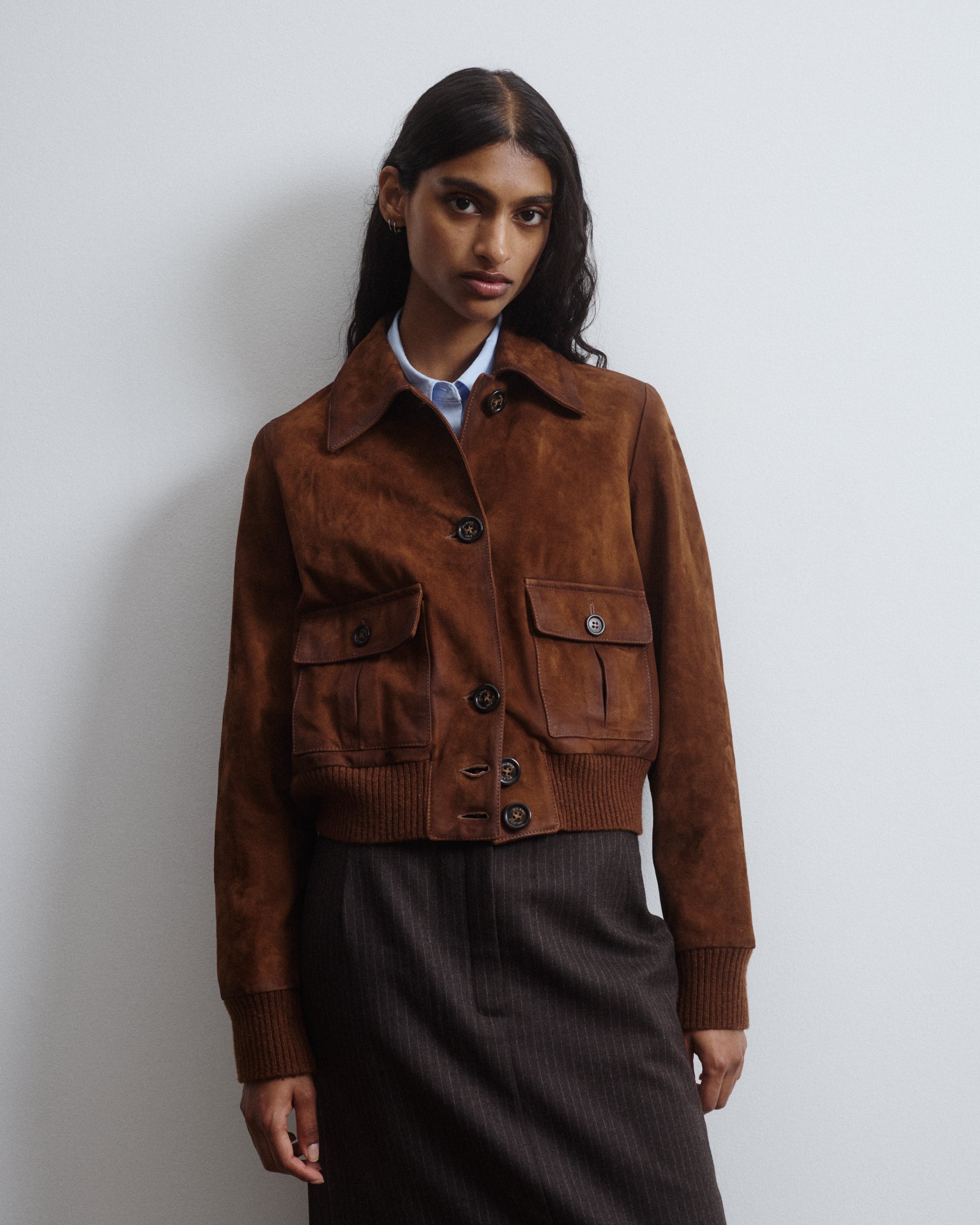 DONNA-VALSTARINO CROPPED CON BOTTONI IN LIGHT SUEDE VINTAGE, BORDI FONDO E POLSI IN MAGLIA, FODERATO - Tabacco
