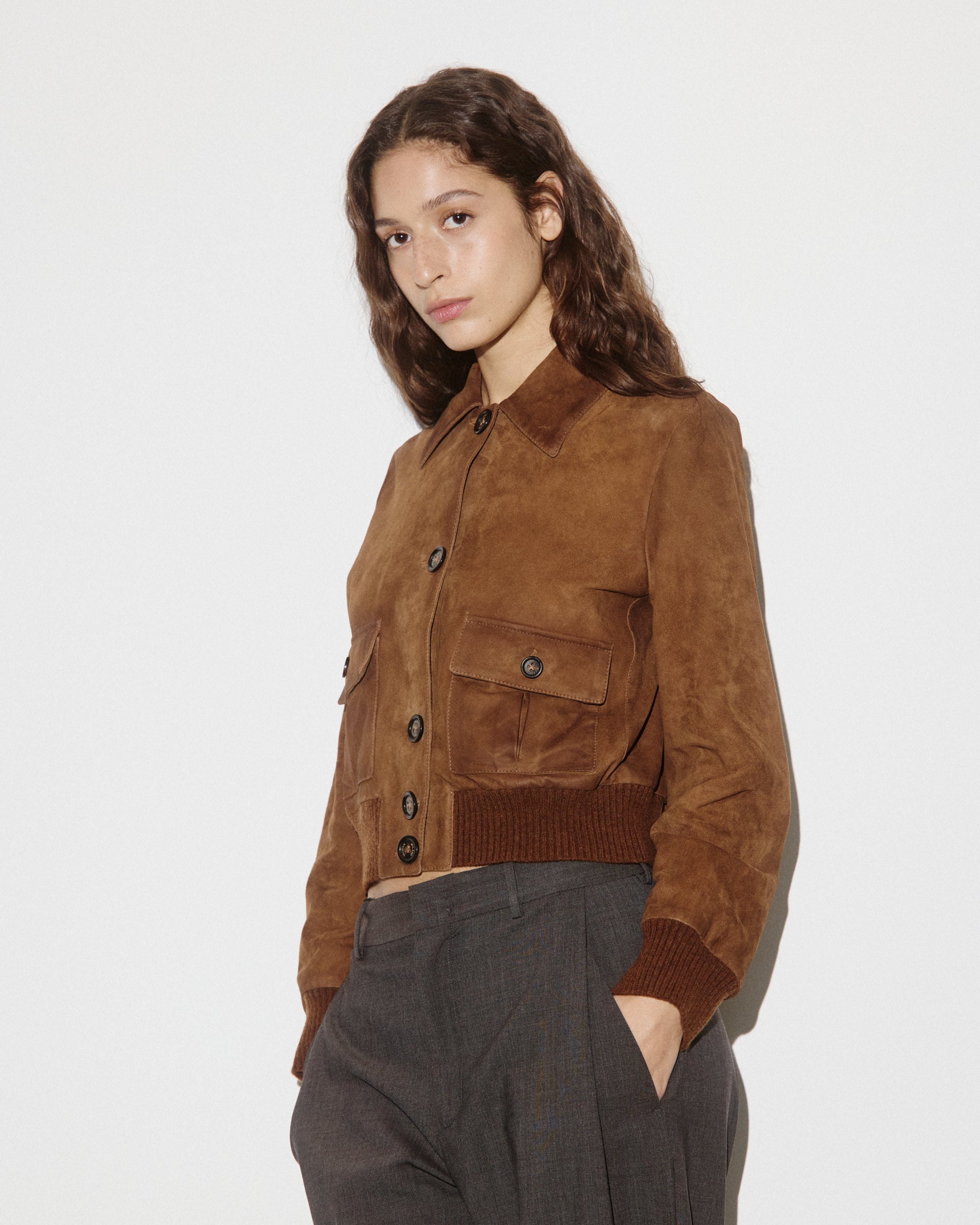 Giubbotto Valstarino cropped in light suede effetto vintage, foderato. Marrone - Tabacco