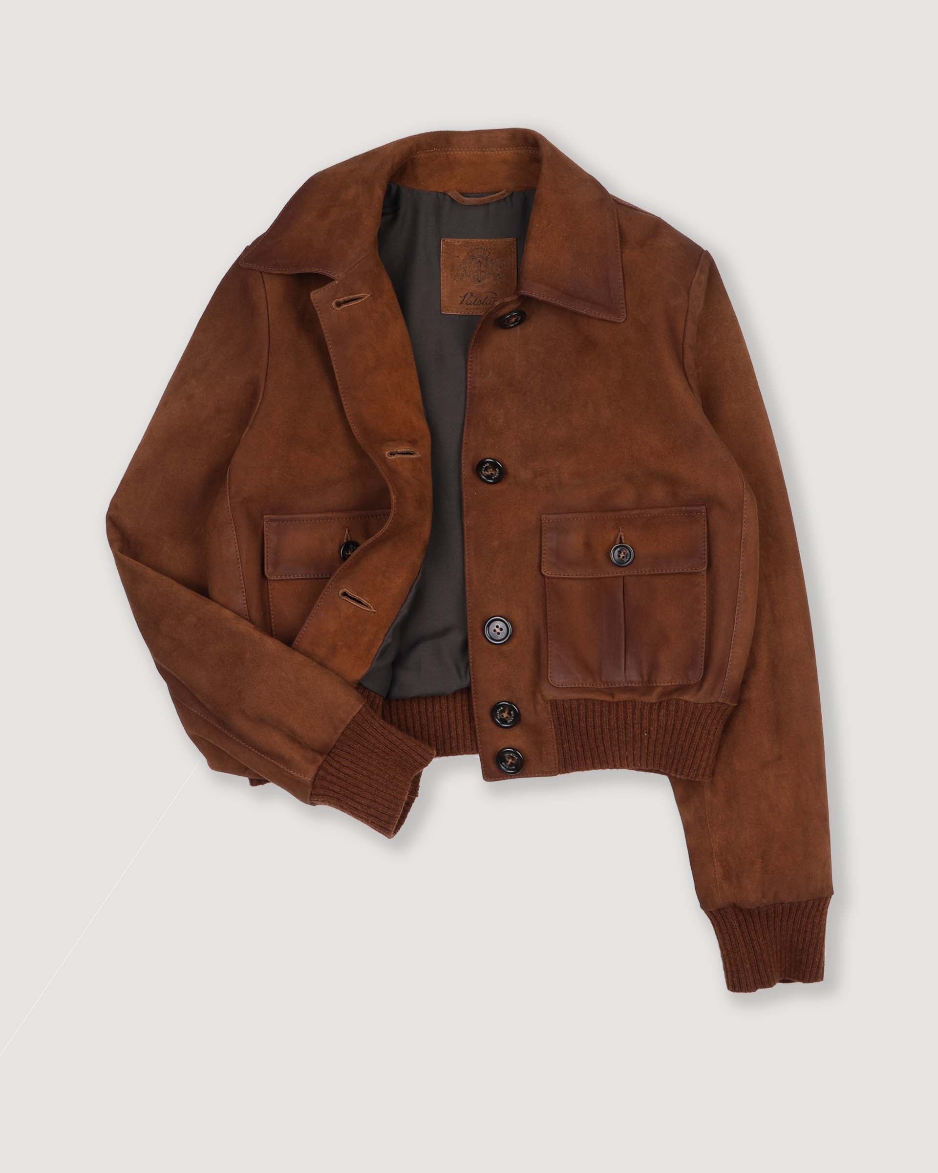 DONNA-VALSTARINO CROPPED CON BOTTONI IN LIGHT SUEDE VINTAGE, BORDI FONDO E POLSI IN MAGLIA, FODERATO - Tabacco