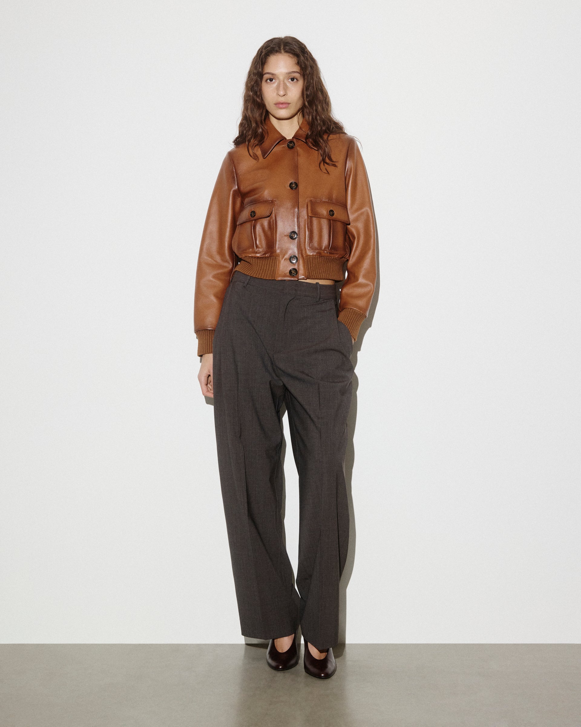 DONNA-VALSTARINO CROPPED CON BOTTONI IN NAPPA, BORDI FONDO E POLSI IN MAGLIA, FODERATO - Cognac