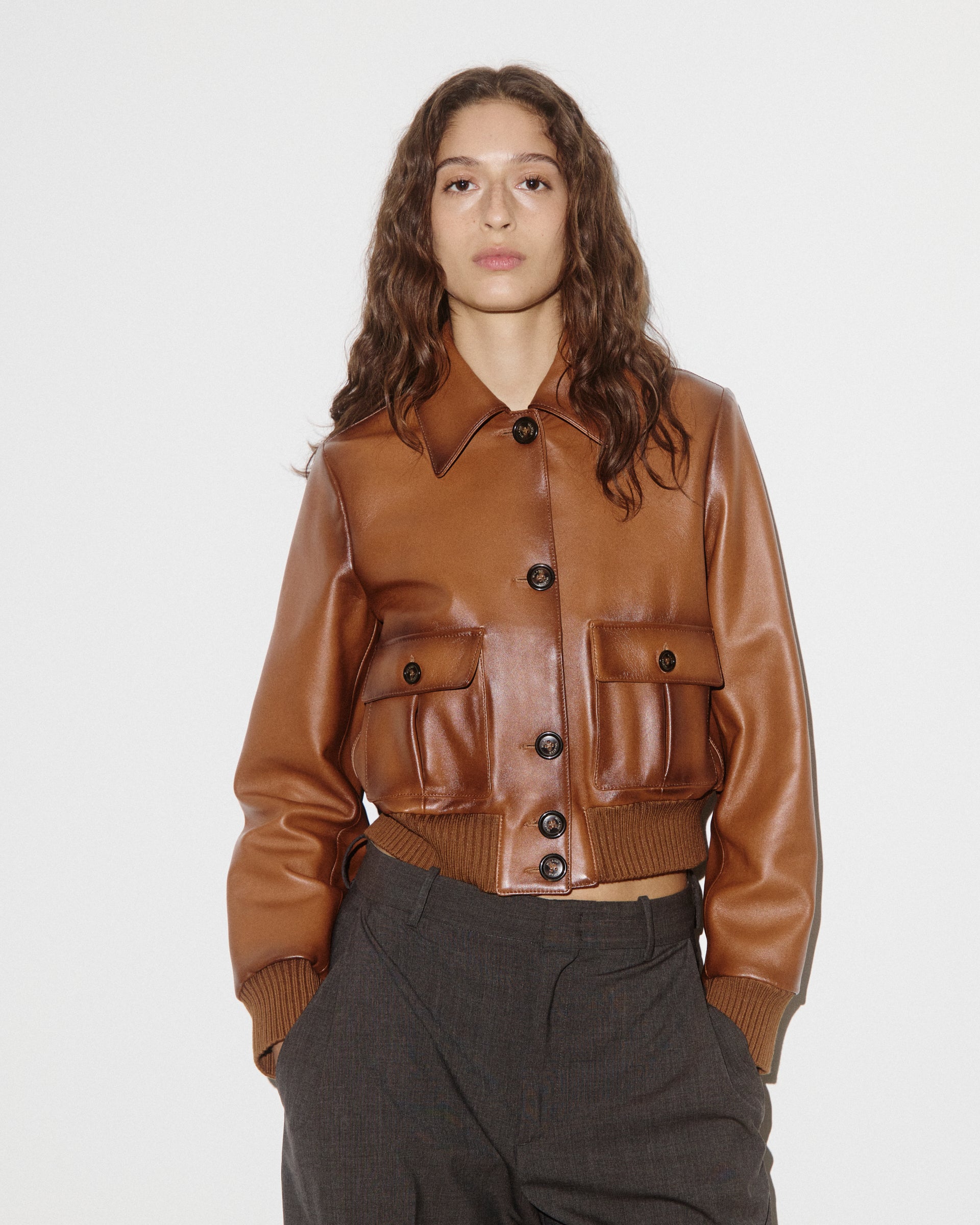 DONNA-VALSTARINO CROPPED CON BOTTONI IN NAPPA, BORDI FONDO E POLSI IN MAGLIA, FODERATO - Cognac