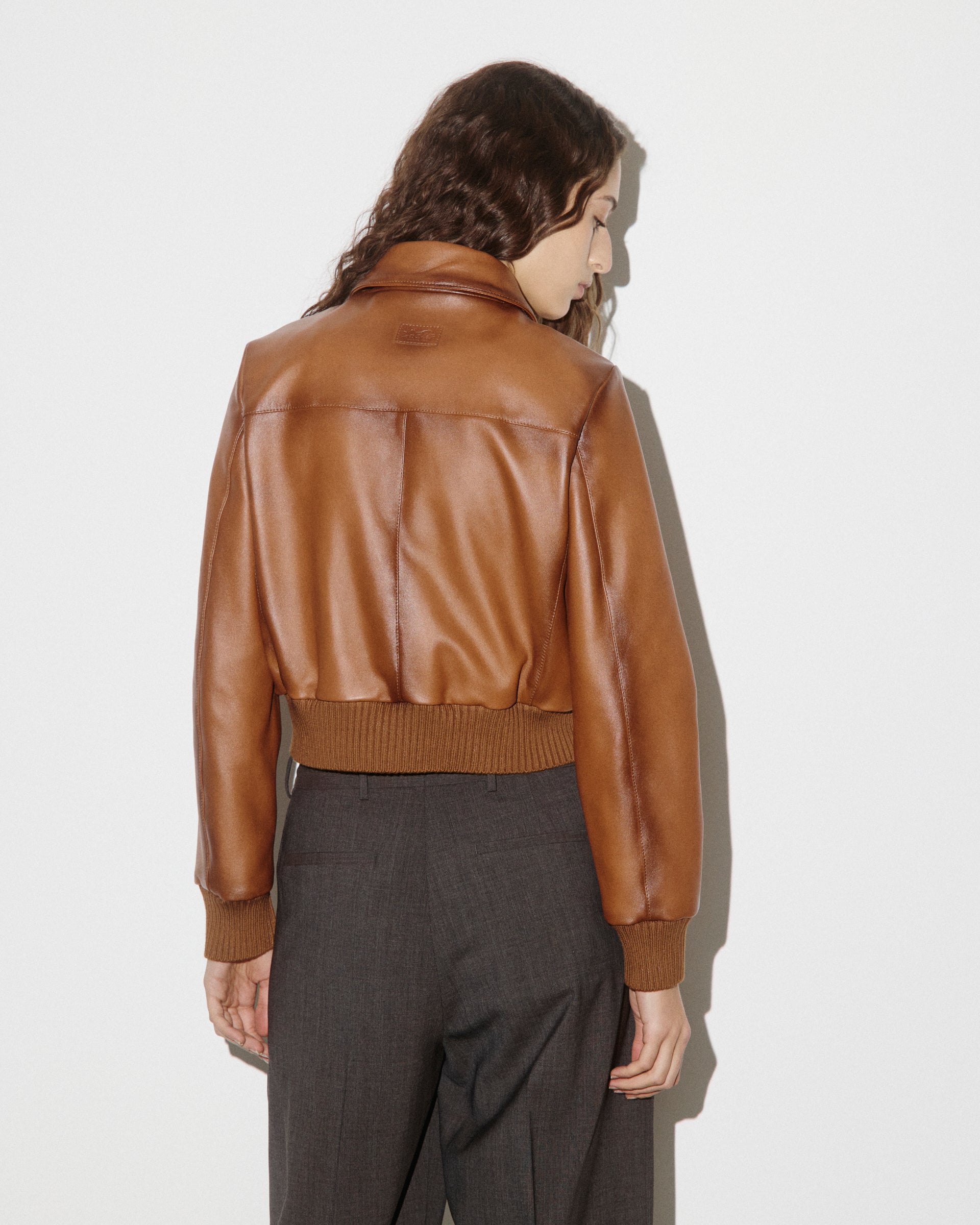 DONNA-VALSTARINO CROPPED CON BOTTONI IN NAPPA, BORDI FONDO E POLSI IN MAGLIA, FODERATO - Cognac