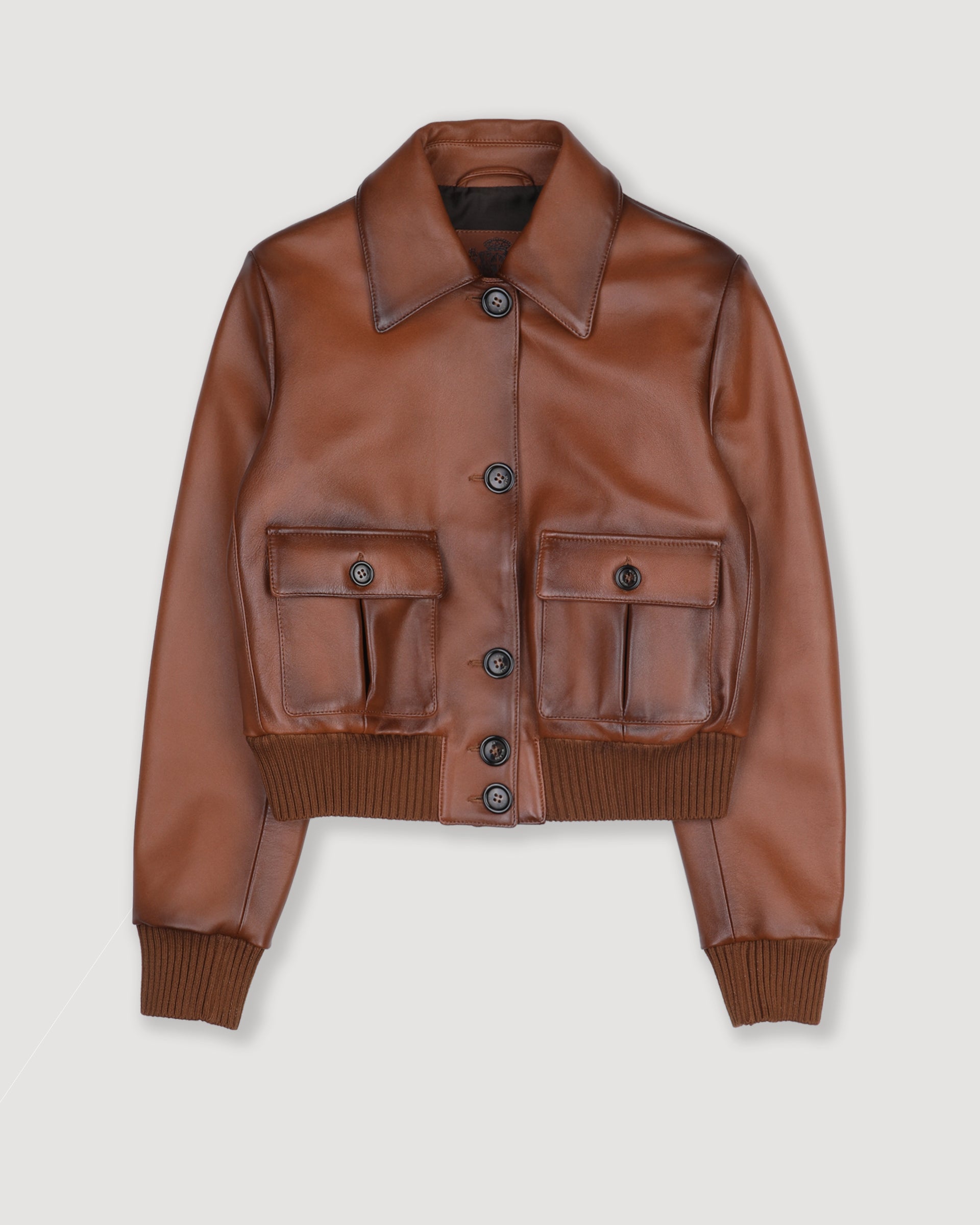 DONNA-VALSTARINO CROPPED CON BOTTONI IN NAPPA, BORDI FONDO E POLSI IN MAGLIA, FODERATO - Cognac