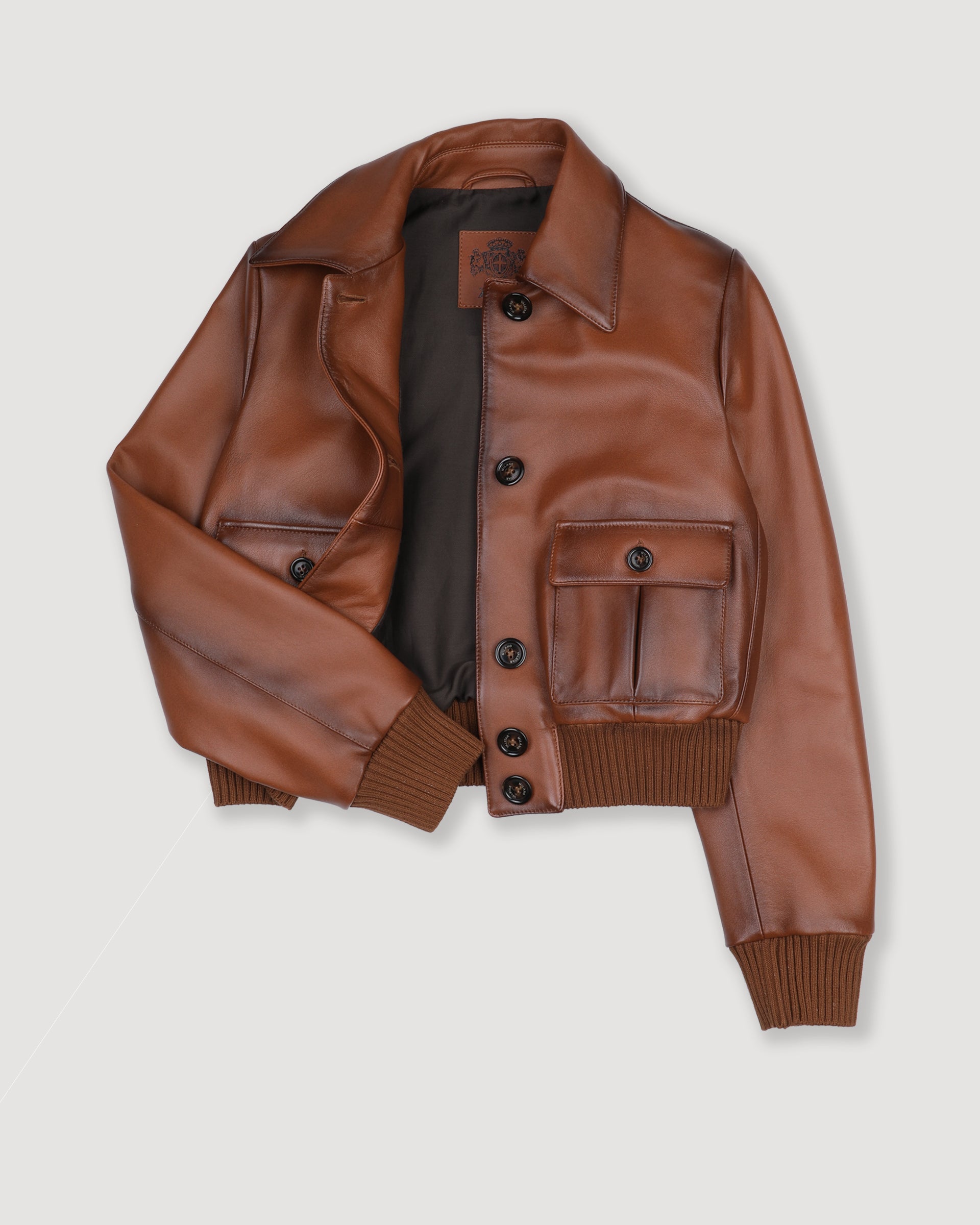 DONNA-VALSTARINO CROPPED CON BOTTONI IN NAPPA, BORDI FONDO E POLSI IN MAGLIA, FODERATO - Cognac