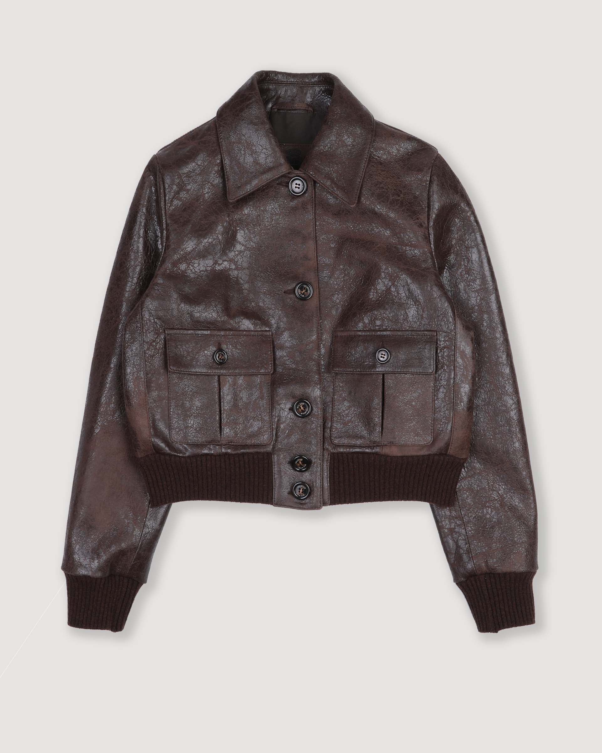 Giubbotto Valstarino cropped in nappa craquelé effetto vintage, foderato. Marrone - Brown