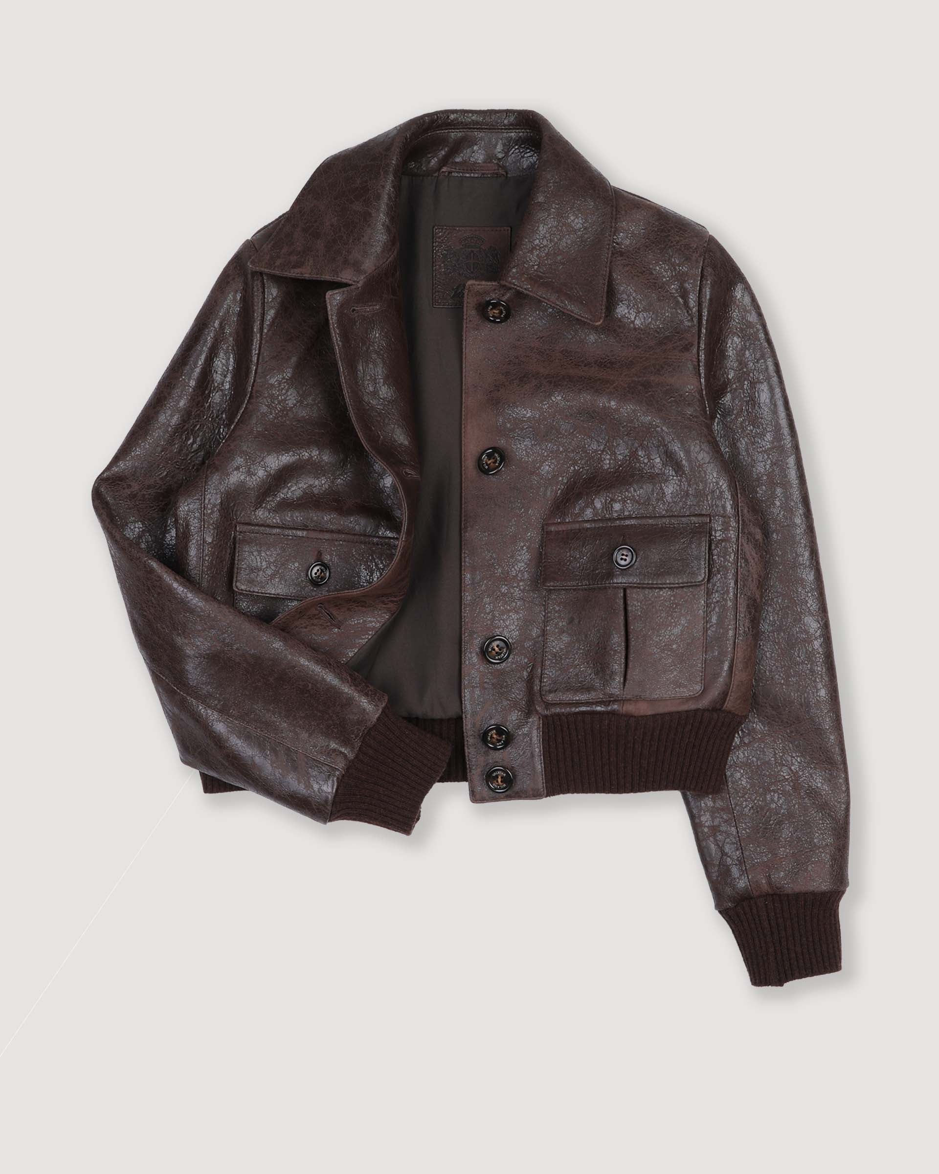 Giubbotto Valstarino cropped in nappa craquelé effetto vintage, foderato. Marrone - Brown