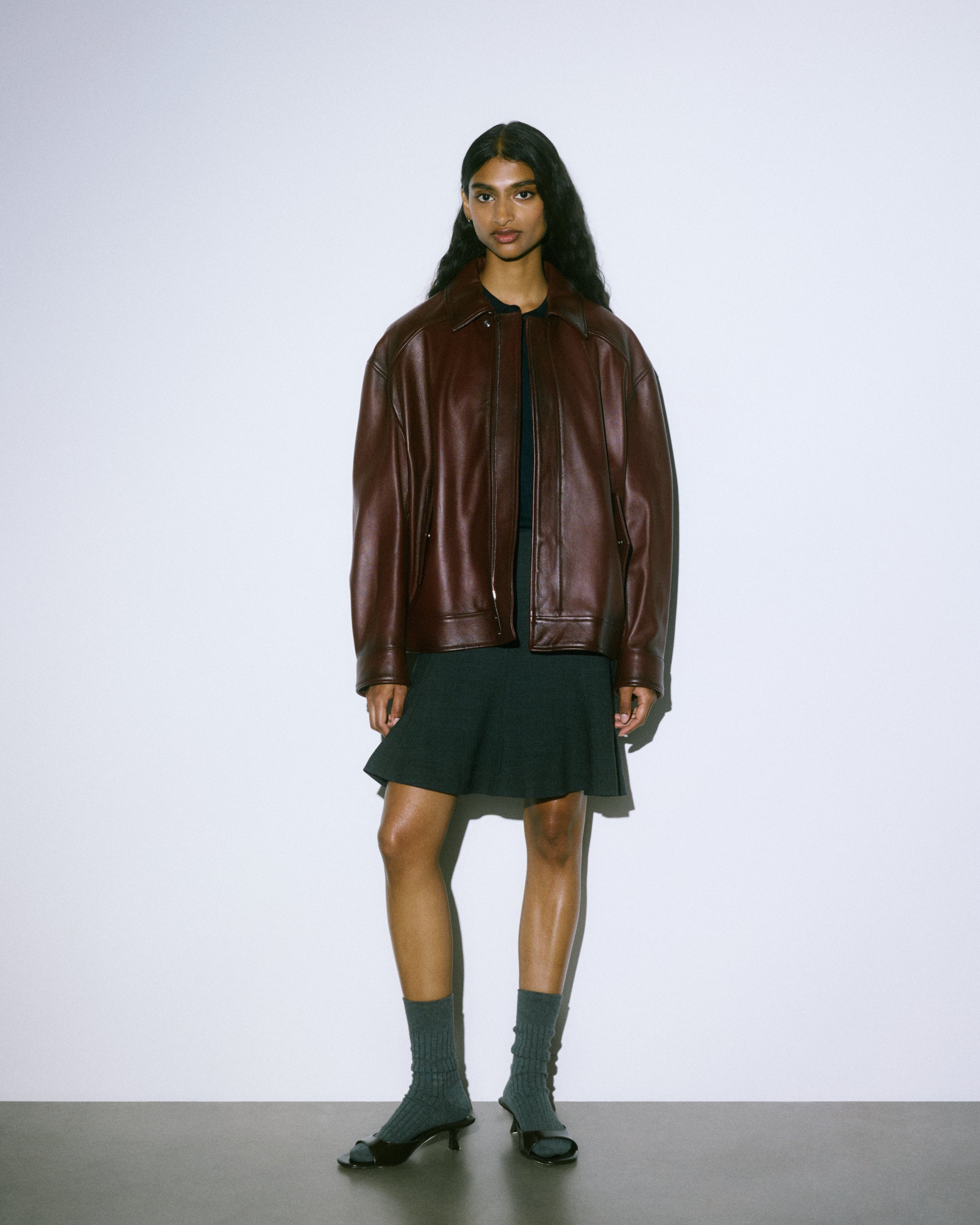 Boxy jacket in nappa effetto vintage, foderata. Bordeaux - Burgundy