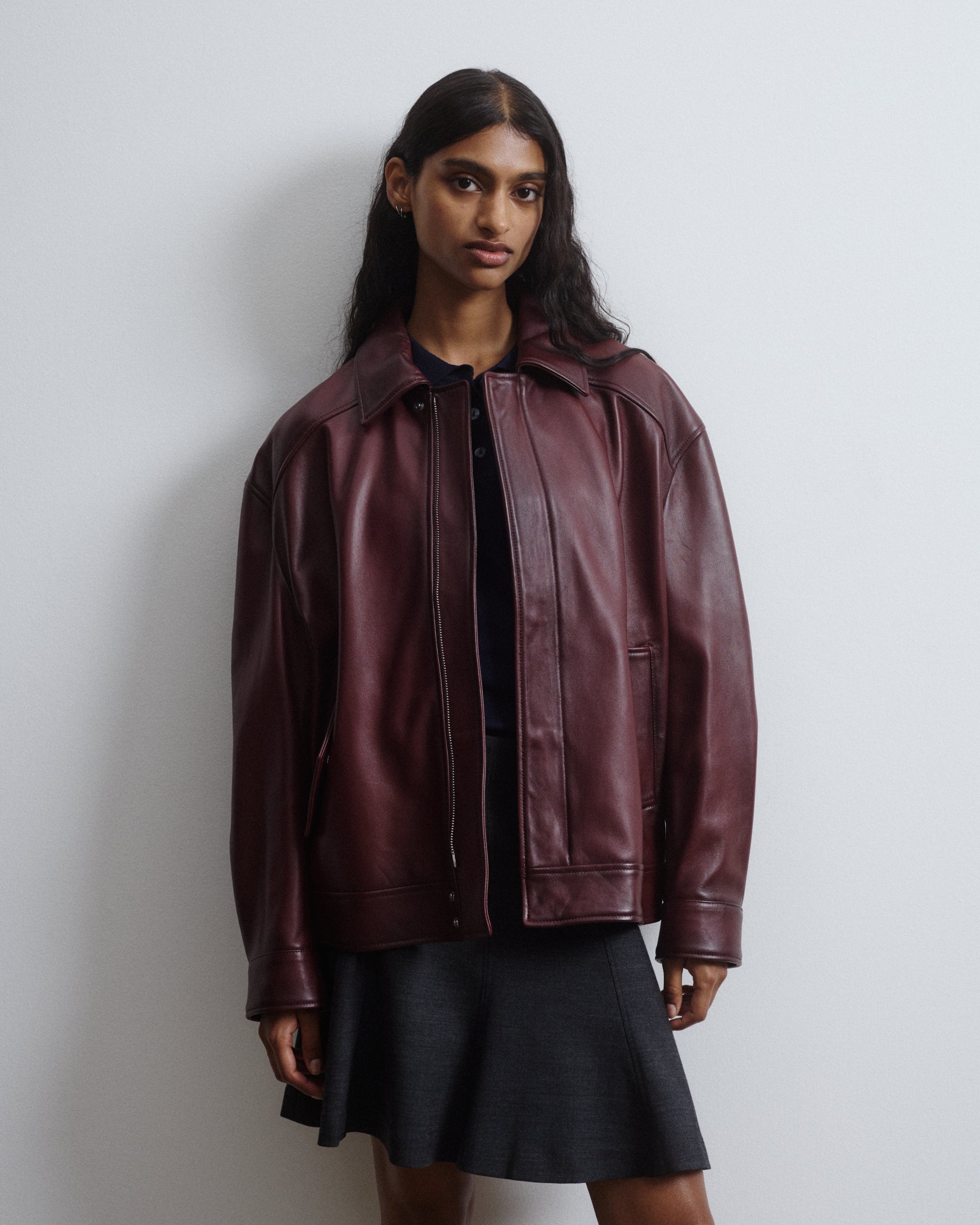 Boxy jacket in nappa effetto vintage, foderata. Bordeaux - Burgundy