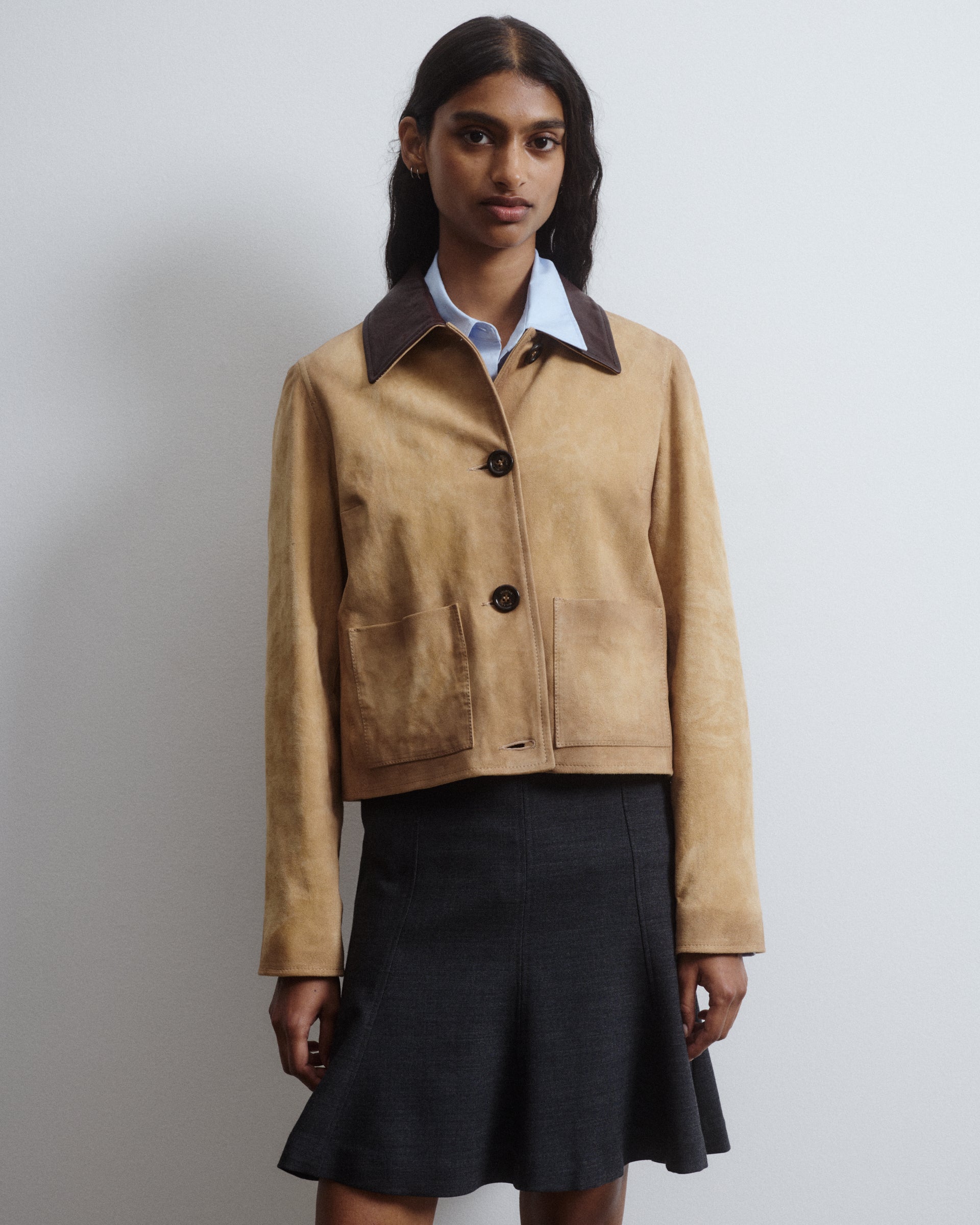 Cropped work jacket in vintage heavy suede with a nappa leather collar