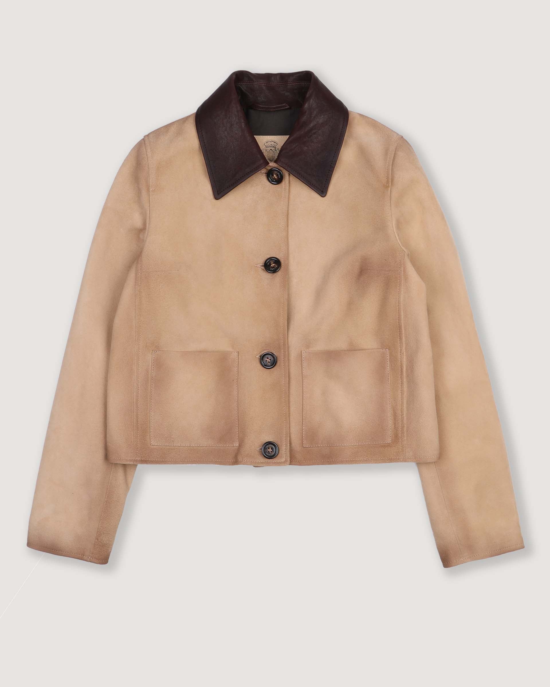 Cropped work jacket in vintage heavy suede with a nappa leather collar