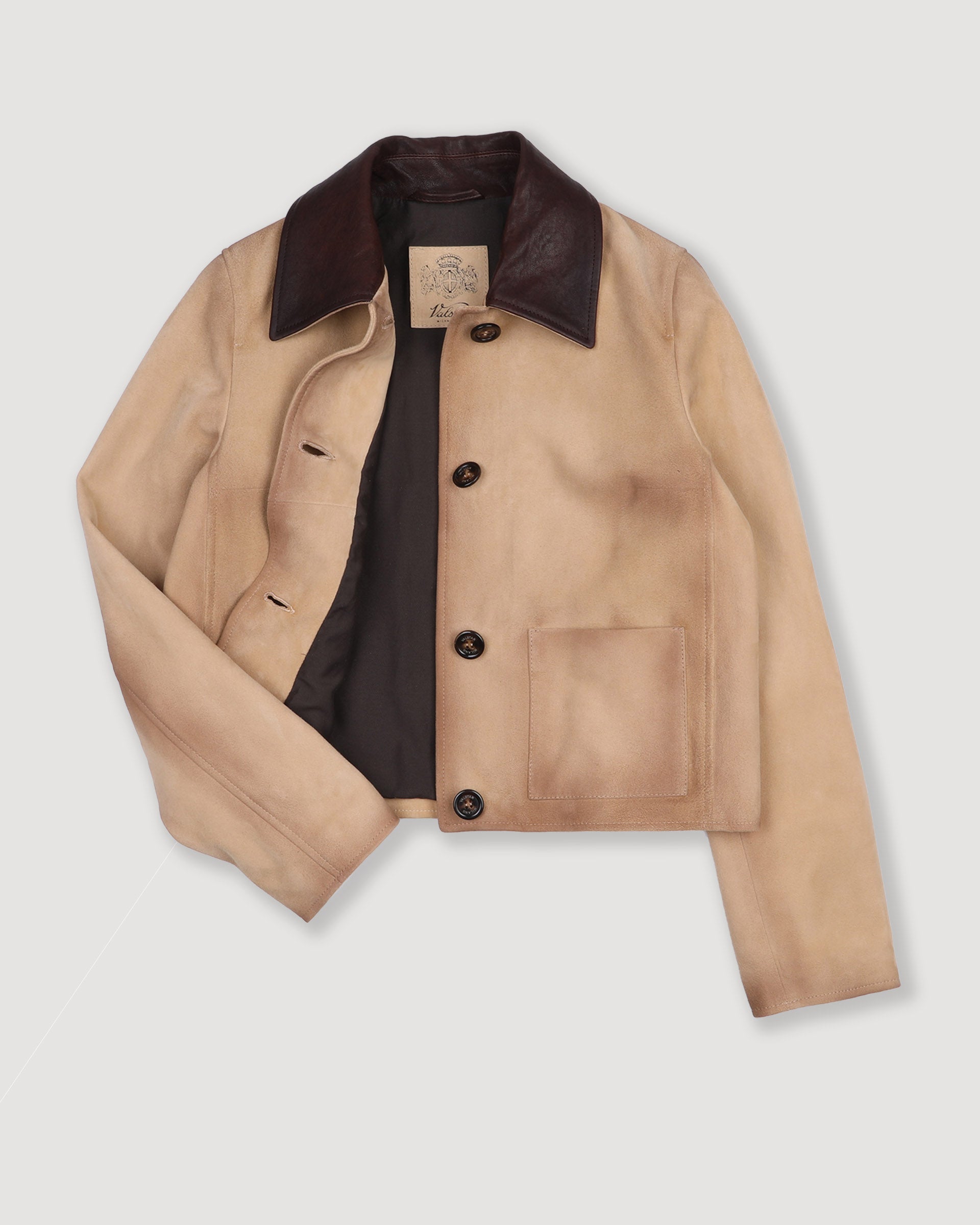 Cropped work jacket in vintage heavy suede with a nappa leather collar