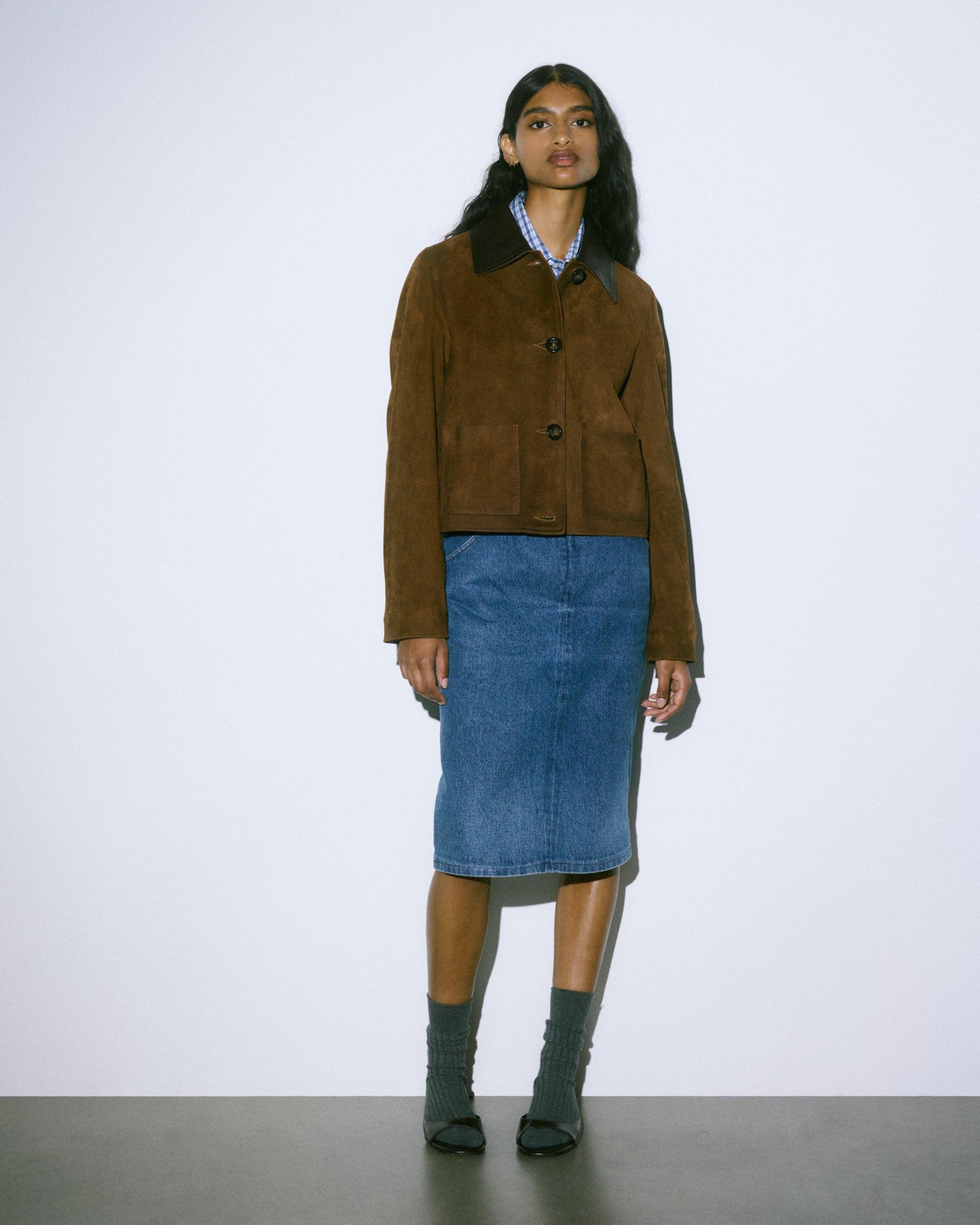 Work jacket cropped in heavy suede effetto vintage e collo in nappa, foderata. Beige - Tabacco
