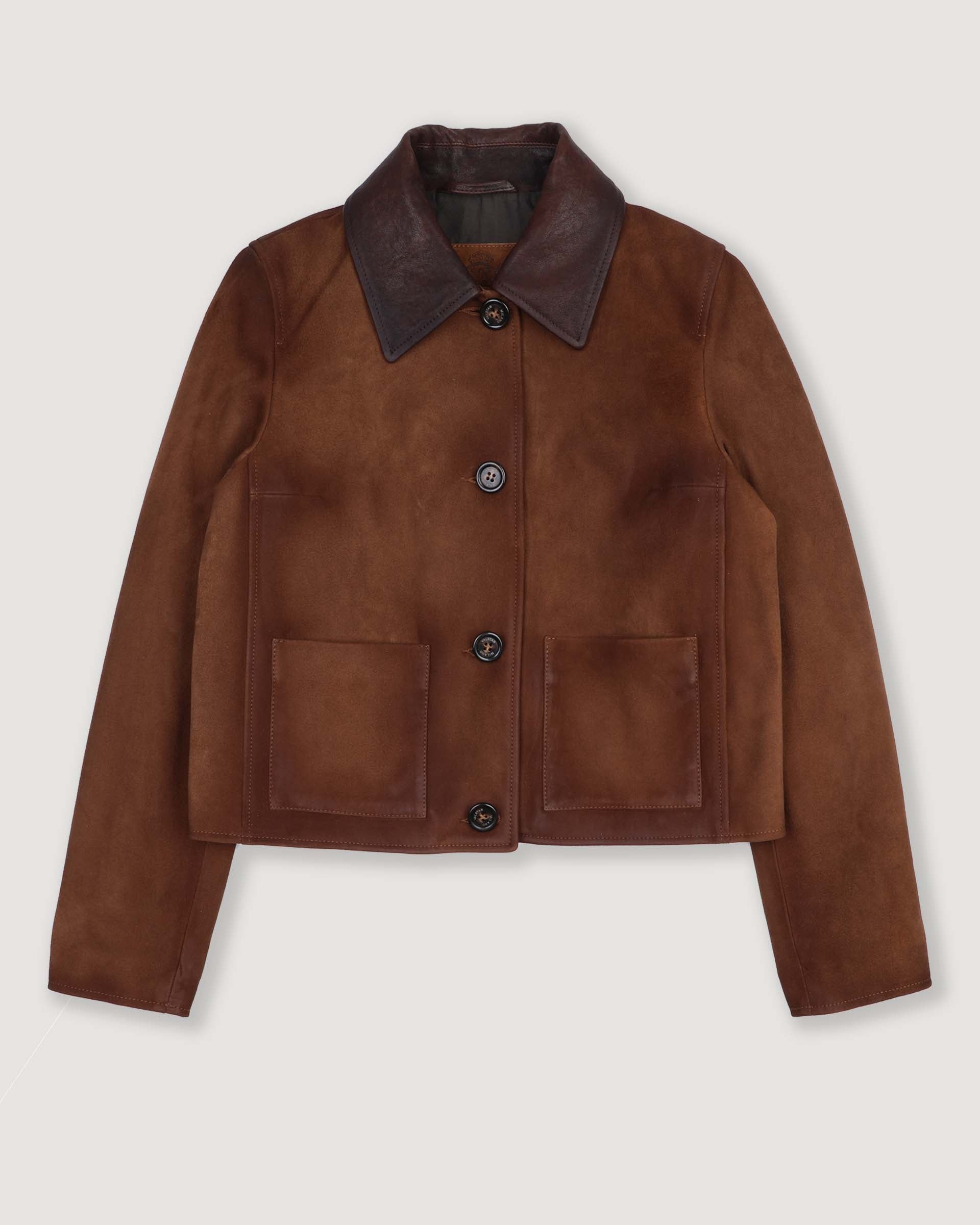 Cropped work jacket in vintage heavy suede with a nappa leather collar