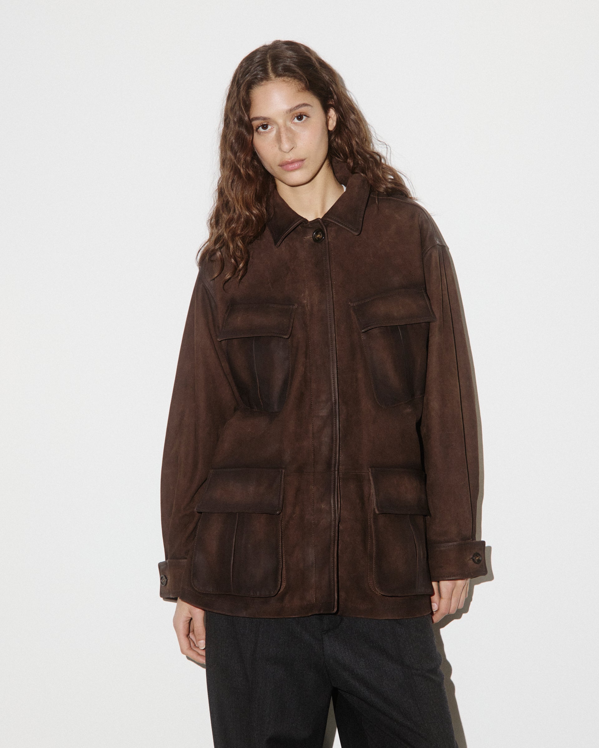 Giacca Sahariana in heavy suede effetto vintage. Marrone - Brown