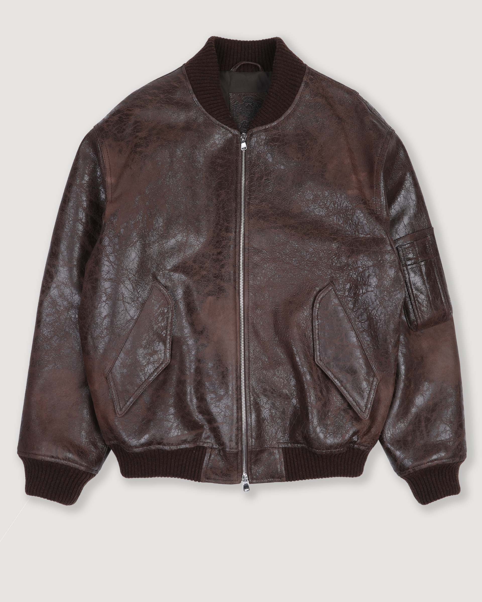 Bomber jacket in craquelè-effect nappa leather, lined. Brown - Brown