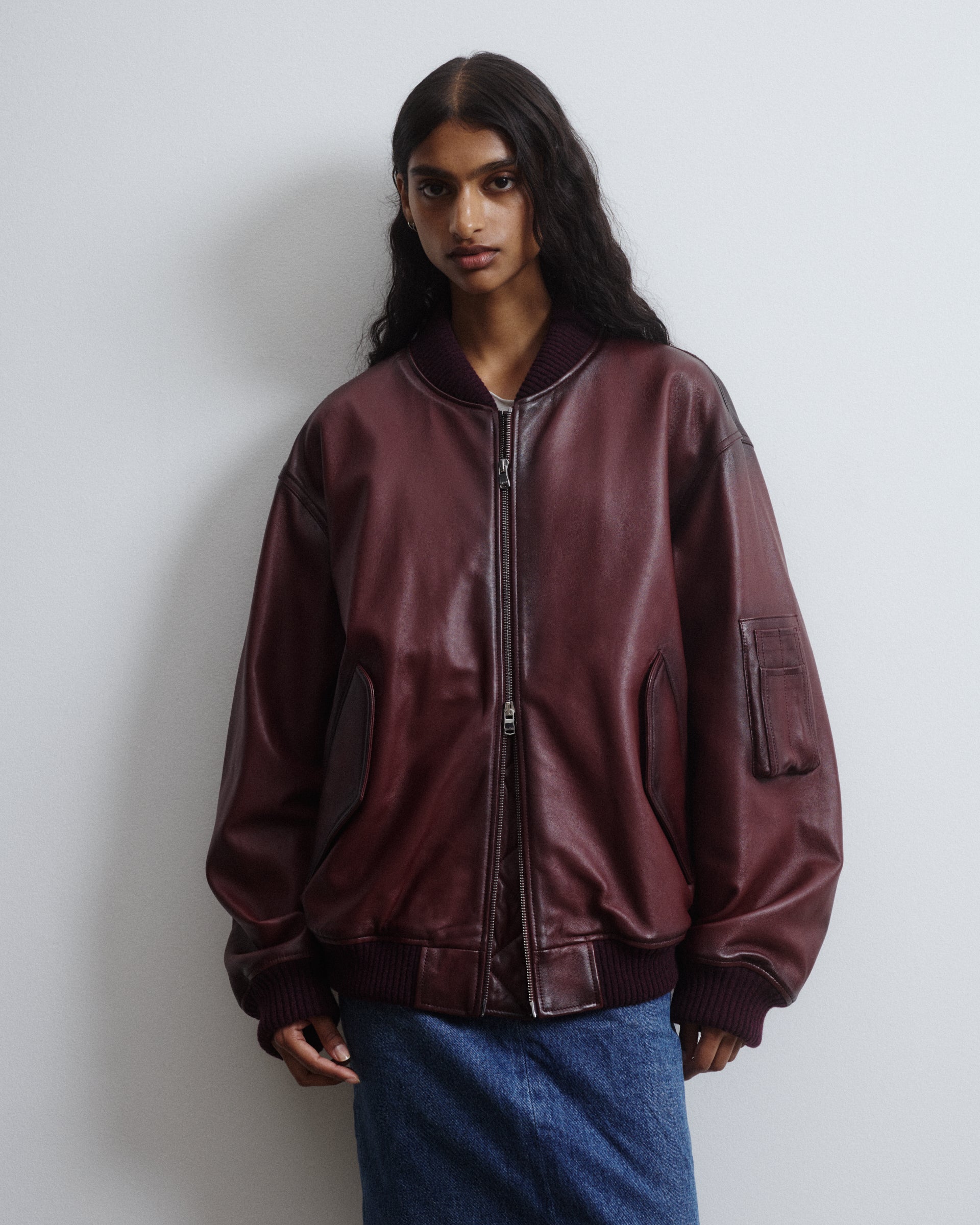 DONNA- BOMBER CON ZIP IN NAPPA, BORDI COLLO, FONDO E POLSI IN MAGLIA, FODERATO - Burgundy
