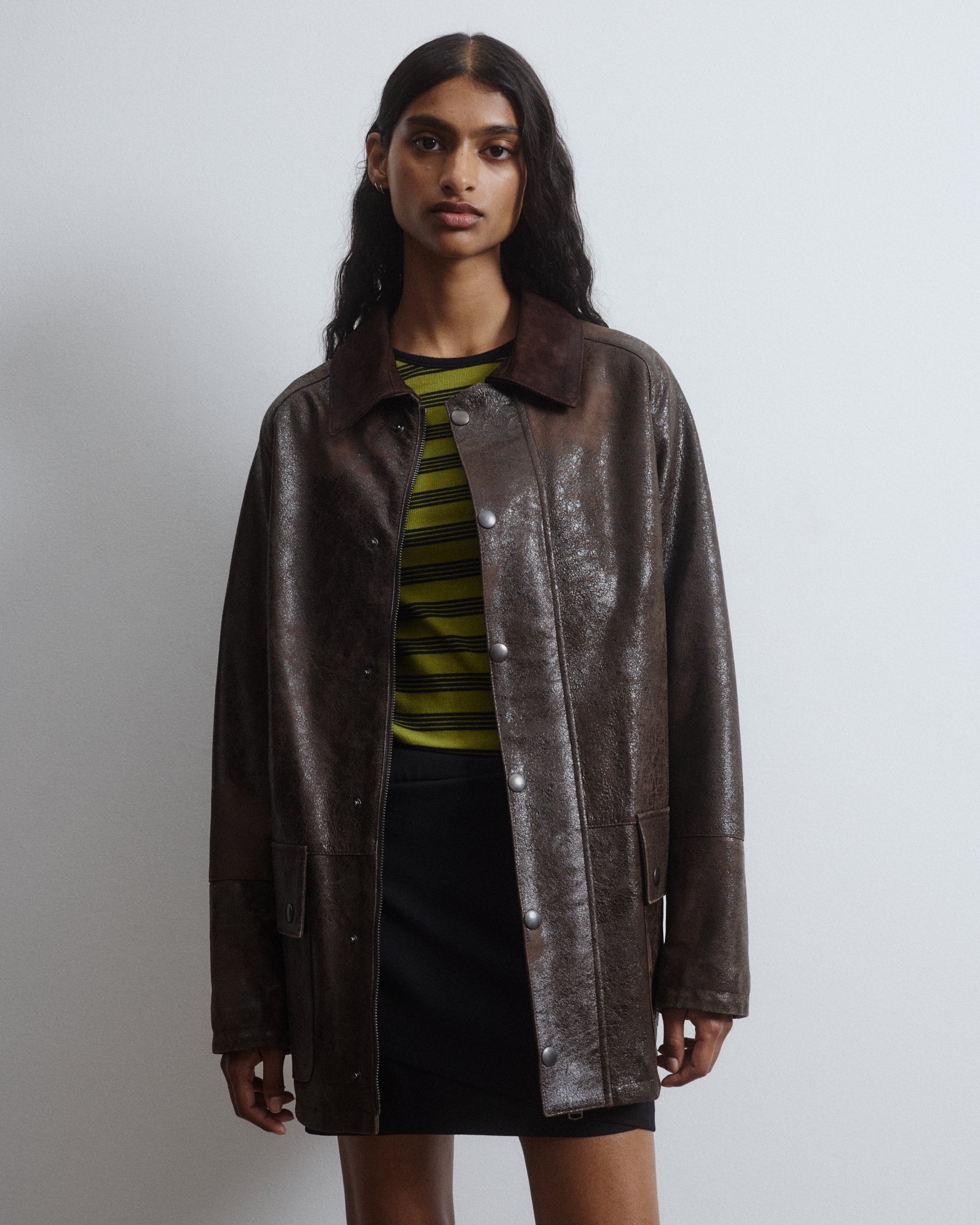 Jacket in craquelè-effect nappa leather with a heavy suede collar, lin