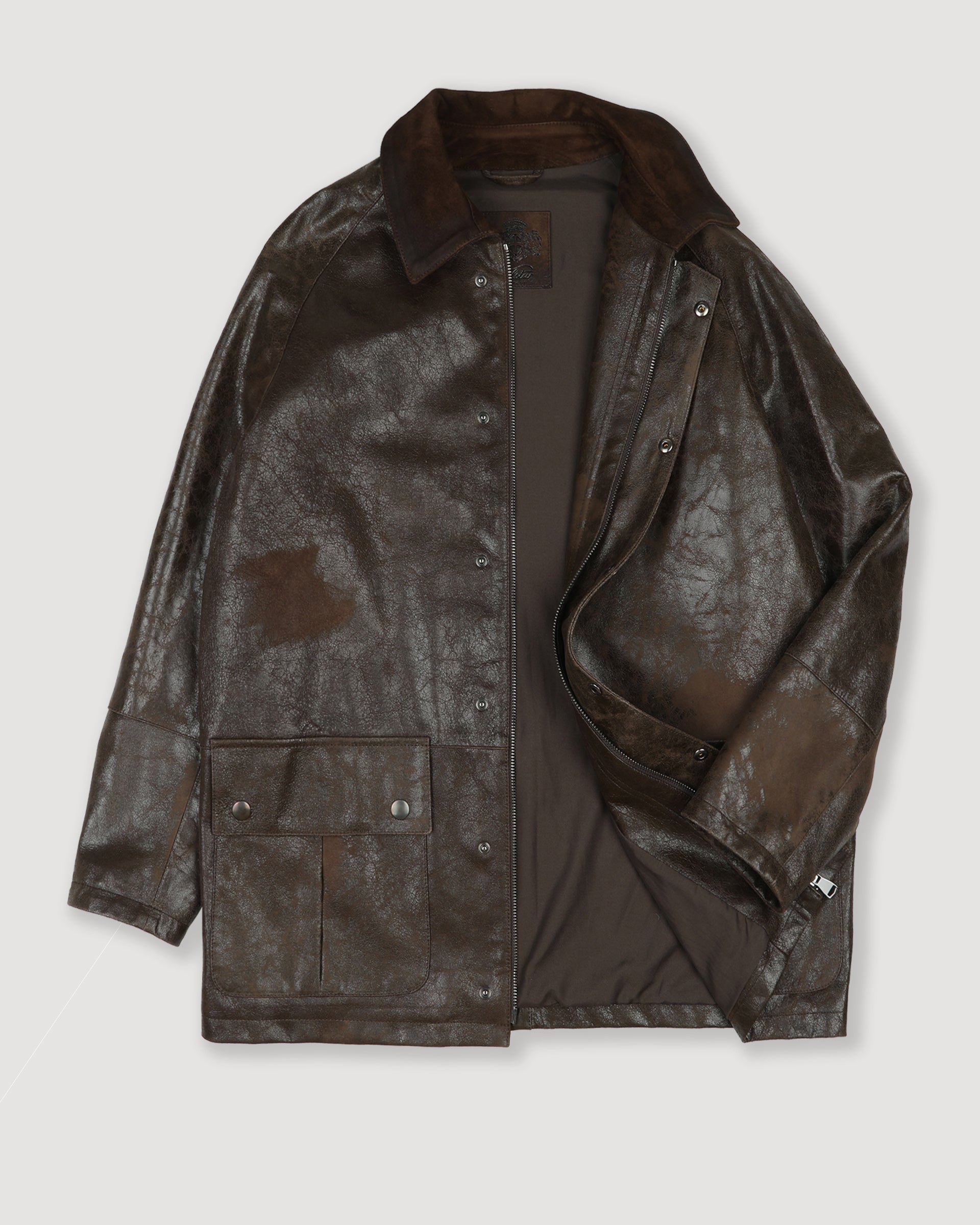 DONNA- GIUBBOTTO CON ZIP E BOTTONI A PRESSIONE IN PELLE CRACK, COLLO IN HEAVY SUEDE VINTAGE, FODERATO - Brown