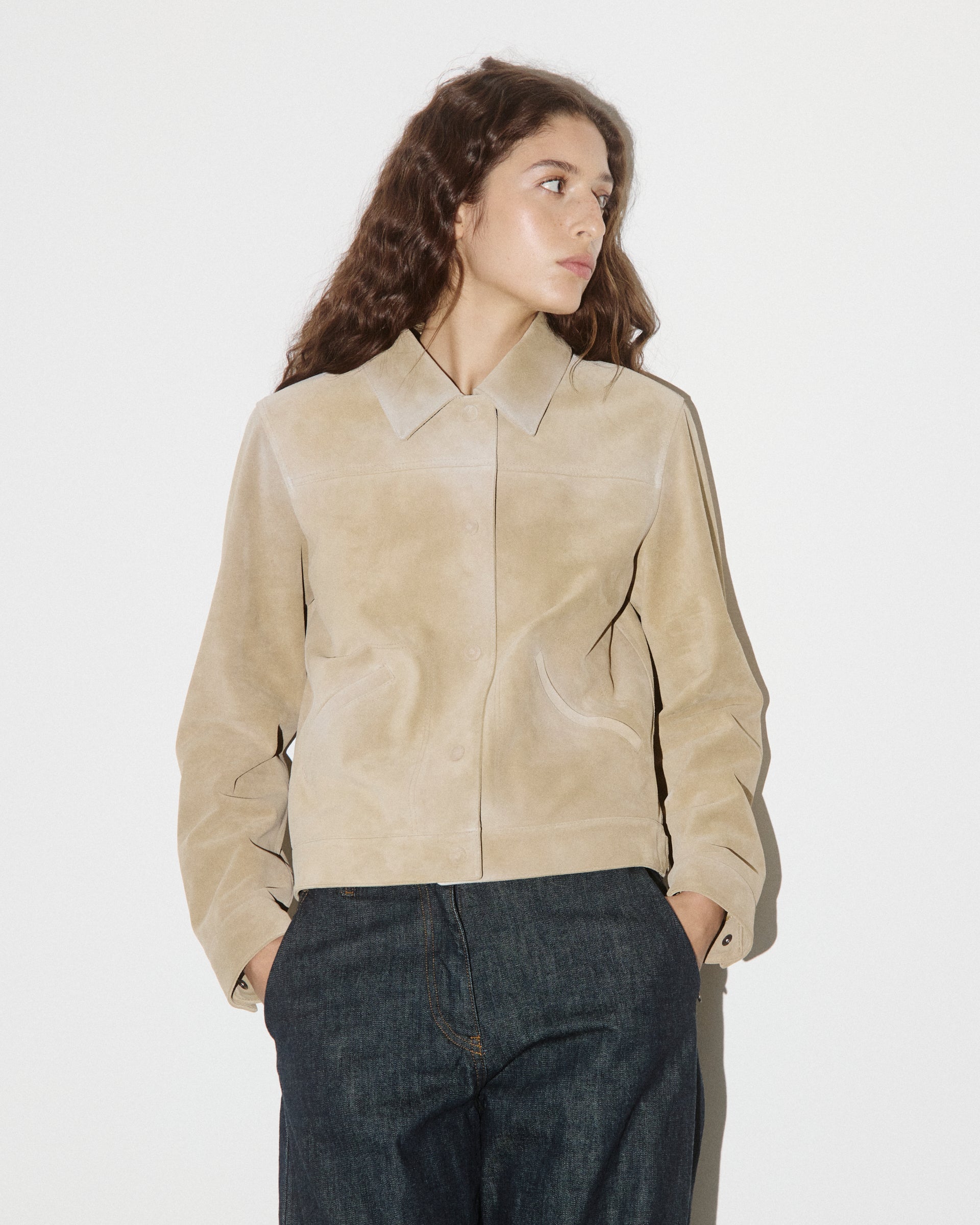 DONNA-WORK JACKET CROPPED CON BOTTONI IN CROSTA, FODERATA - Sabbia