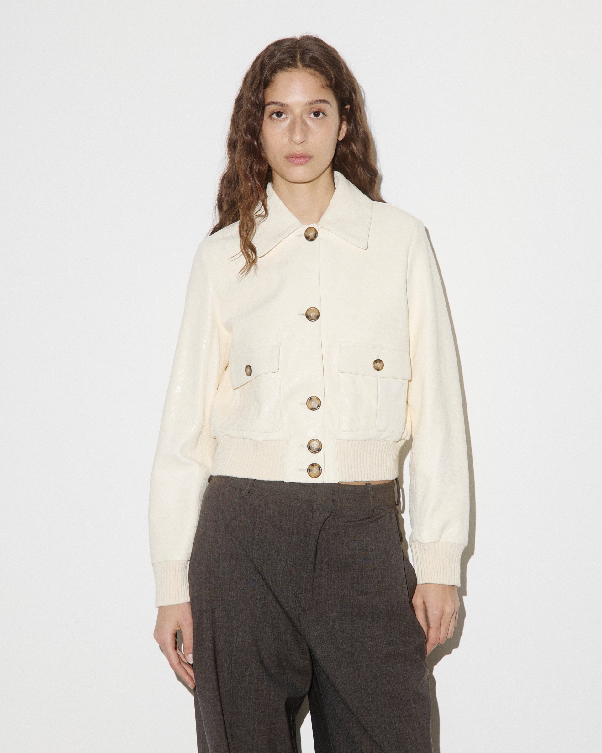 DONNA-VALSTARINO CROPPED CON BOTTONI IN NAPPA CRACK, BORDI FONDO E POLSI IN MAGLIA, FODERATO - Butter