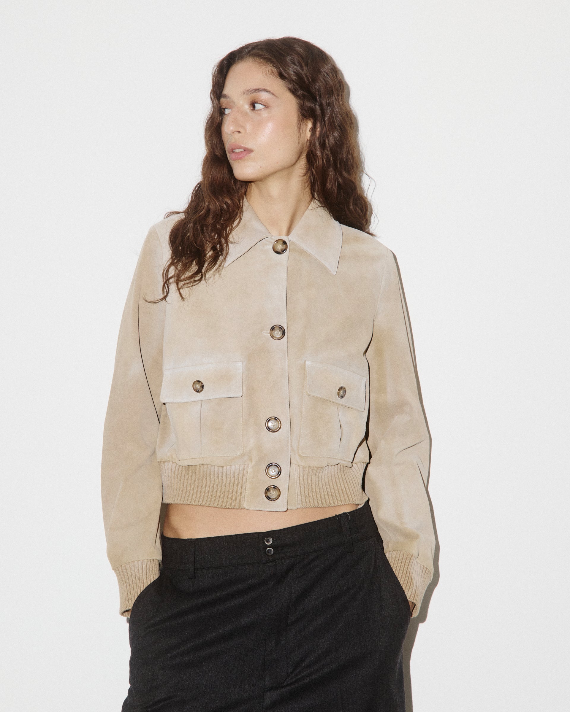 DONNA-VALSTARINO CROPPED CON BOTTONI IN CROSTA, BORDI FONDO E POLSI IN MAGLIA, FODERATO - Sabbia