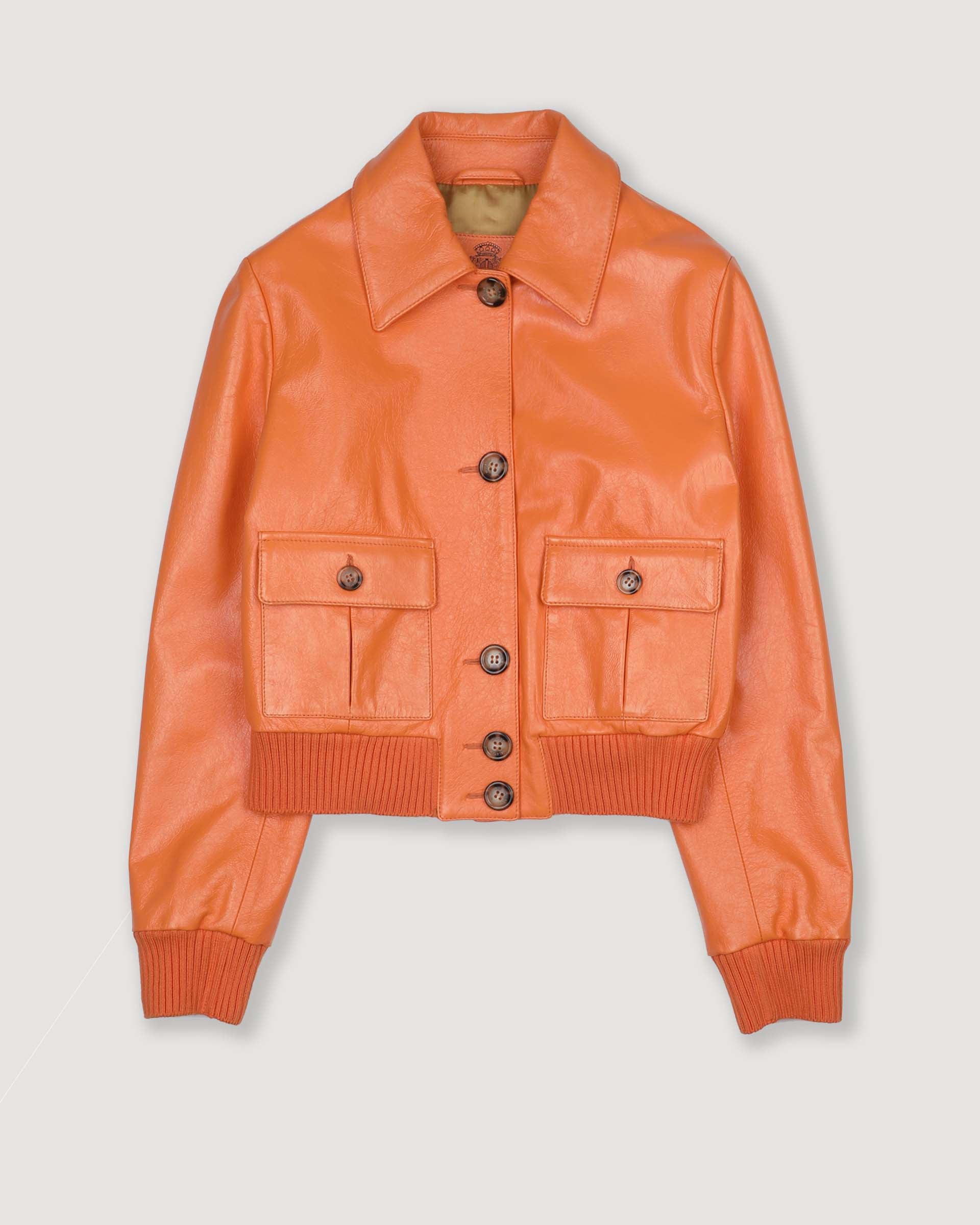 DONNA-VALSTARINO CROPPED CON BOTTONI IN VERNICE, BORDI FONDO E POLSI IN MAGLIA, FODERATO - Orange autumn