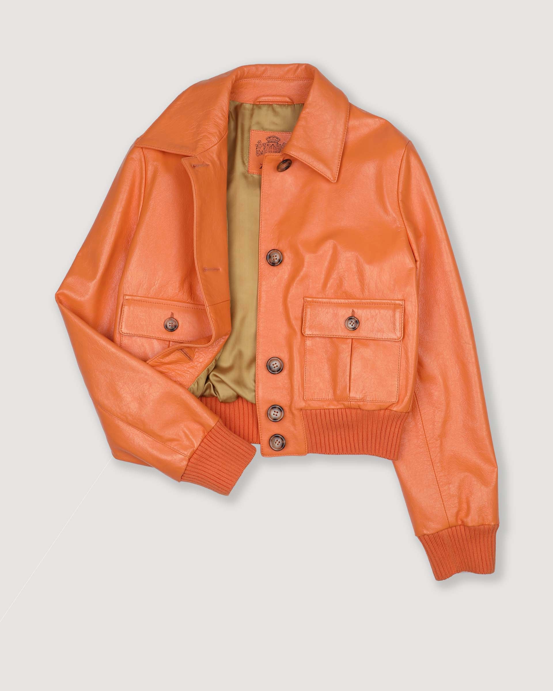 DONNA-VALSTARINO CROPPED CON BOTTONI IN VERNICE, BORDI FONDO E POLSI IN MAGLIA, FODERATO - Orange autumn