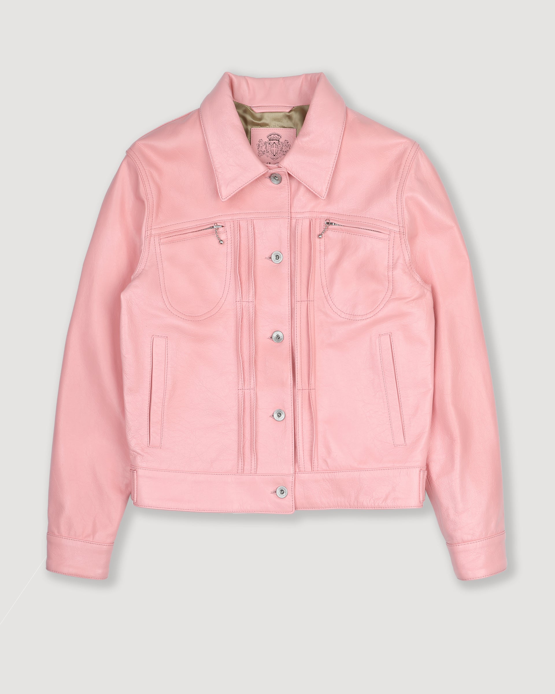 Giubbotto trucker in pelle verniciata, foderato. Rosa - Rosa shrimp