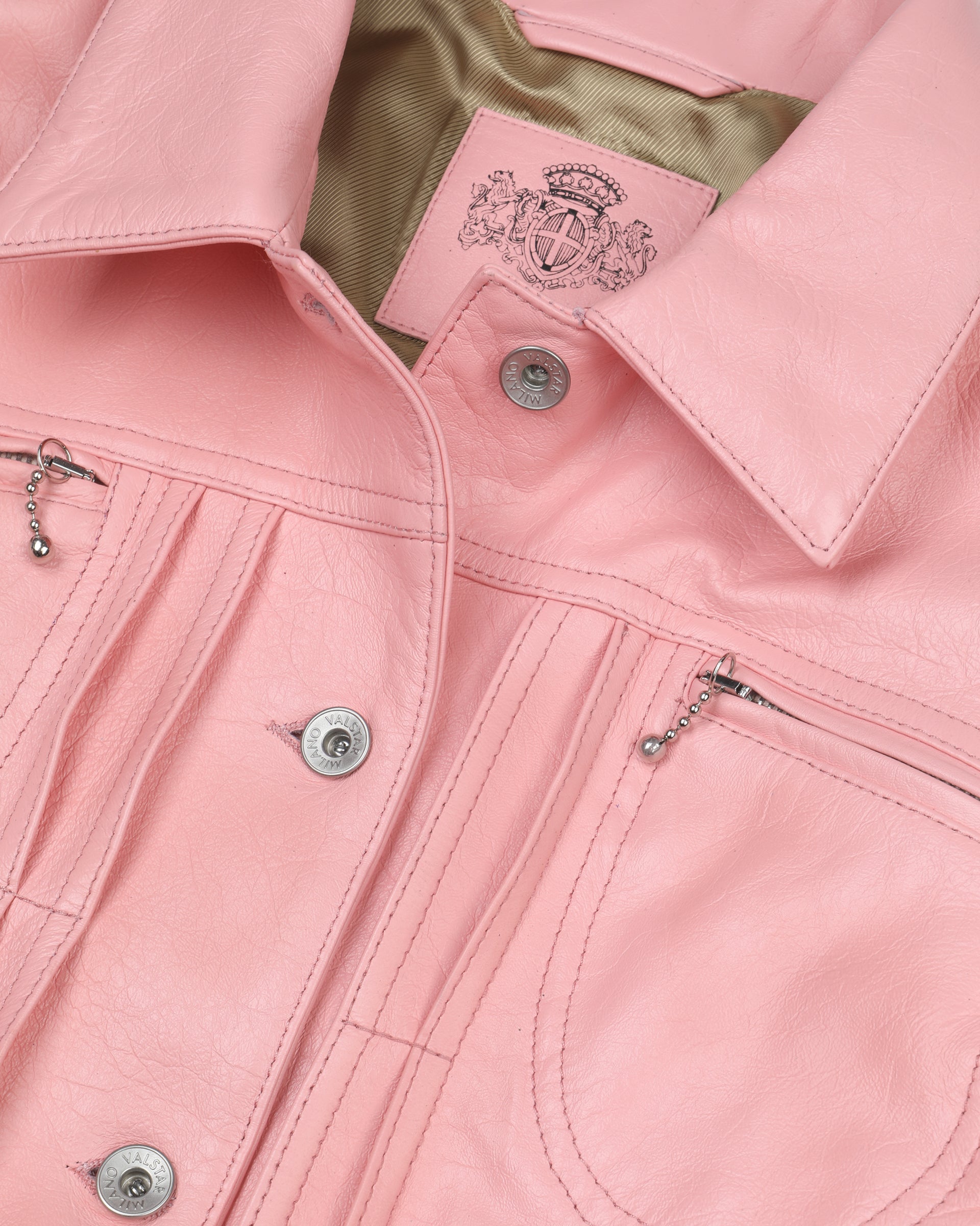 Giubbotto trucker in pelle verniciata, foderato. Rosa - Rosa shrimp