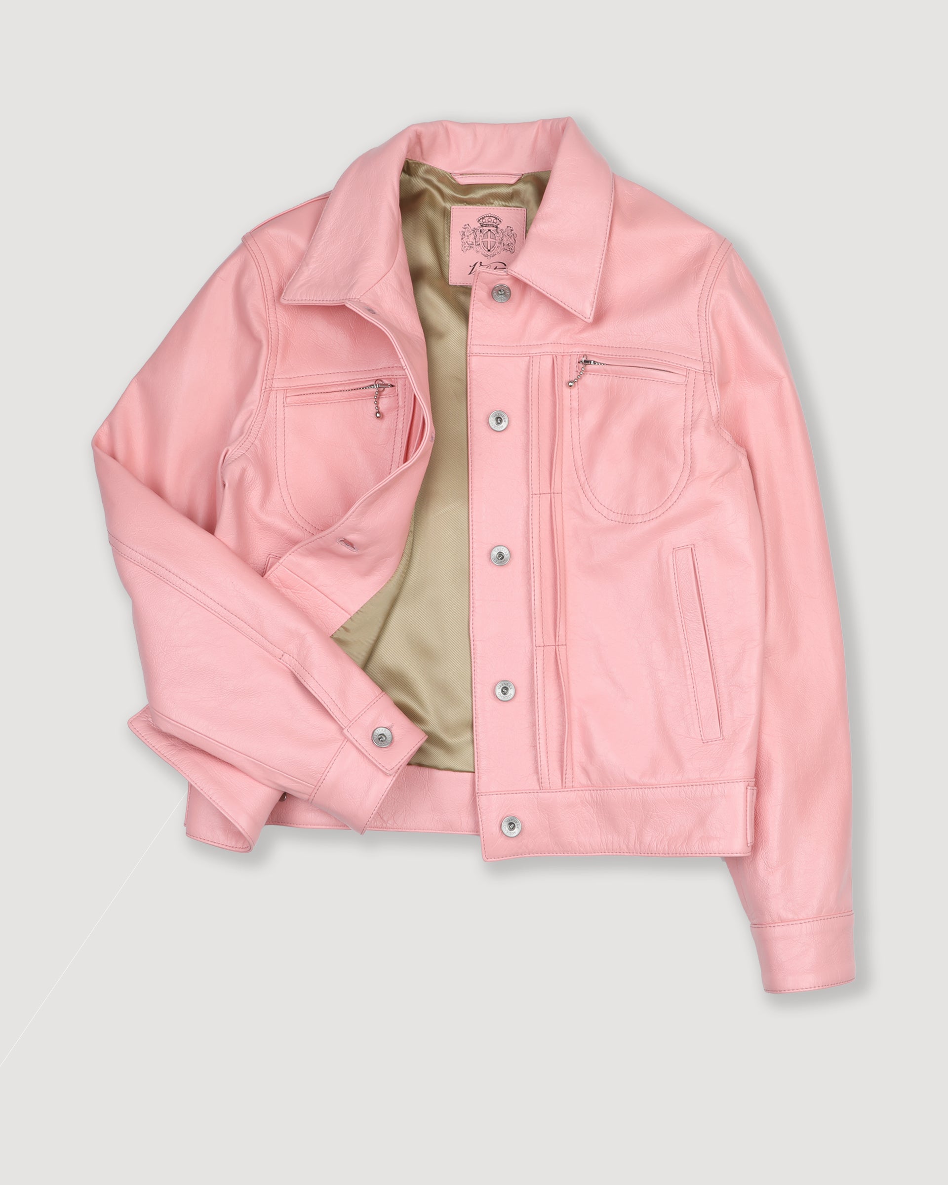 Giubbotto trucker in pelle verniciata, foderato. Rosa - Rosa shrimp