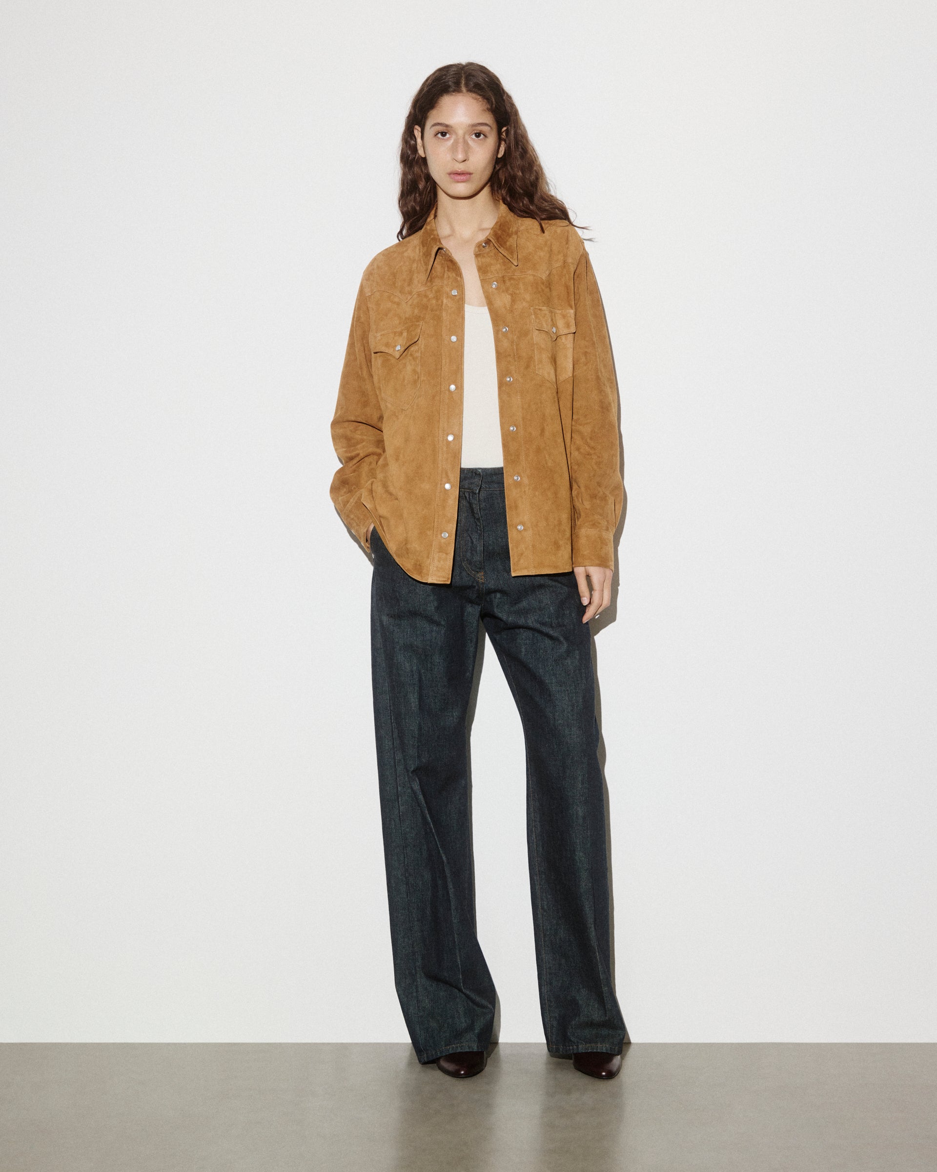 DONNA-WESTERN SHIRT OVER FIT  CON BOTTONI IN SUEDE PIENO FIORE, SFODERATA - Avana