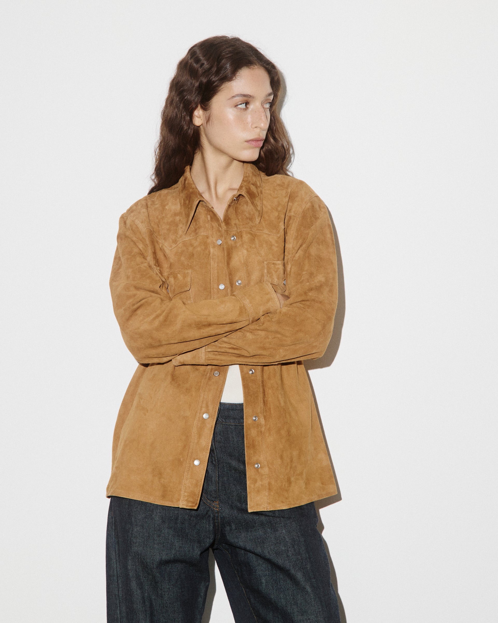 DONNA-WESTERN SHIRT OVER FIT  CON BOTTONI IN SUEDE PIENO FIORE, SFODERATA - Avana