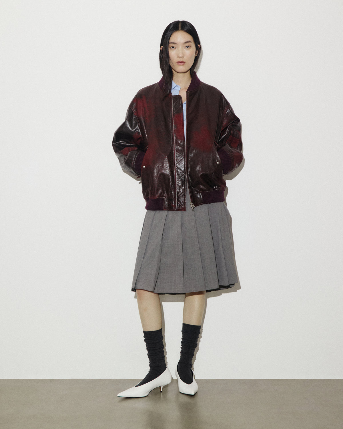 Giubbotto bomber oversize in nappa crackle effetto vintage, imbottito - Rosso scuro