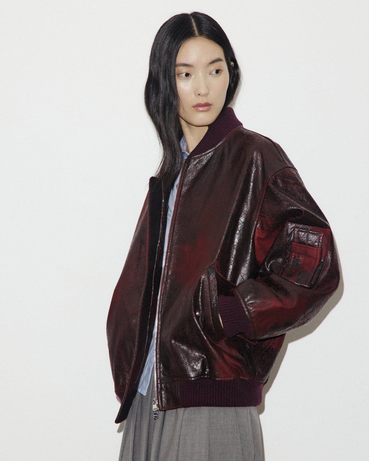 Giubbotto bomber oversize in nappa crackle effetto vintage, imbottito - Rosso scuro