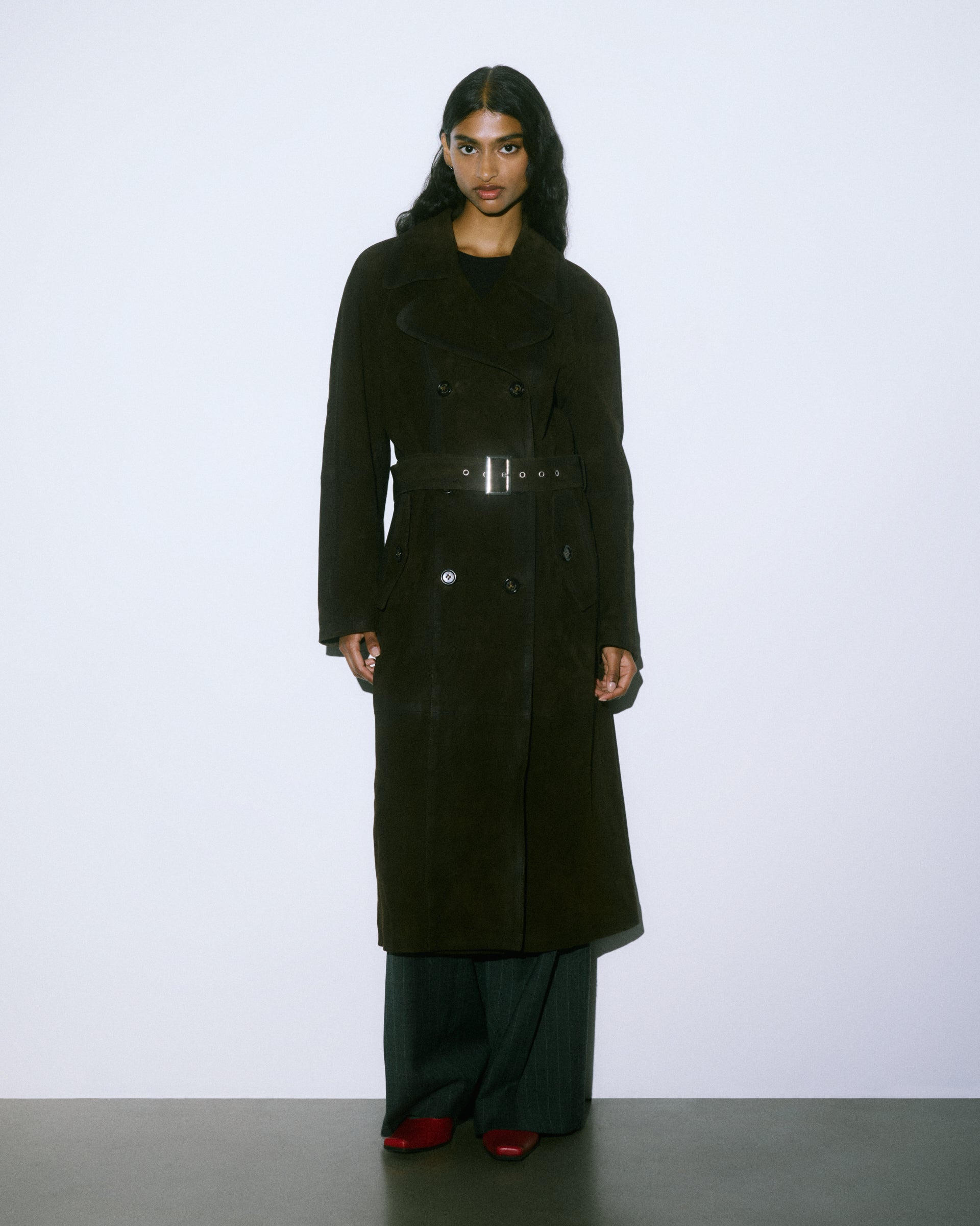 DONNA-TRENCH DOPPIO PETTO CON CINTURA IN HEAVY SUEDE VINTAGE, FODERATO - Brown