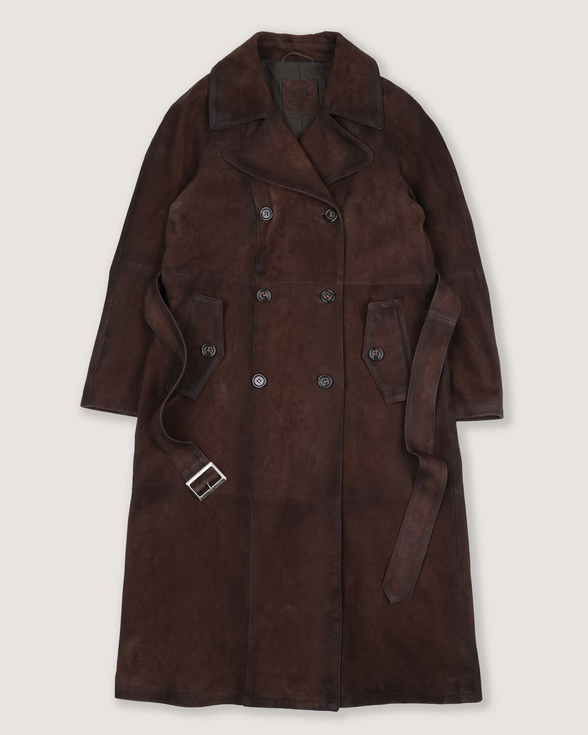 Trench doppio petto con cintura in heavy suede effetto vintage, foderato. Marrone - Brown