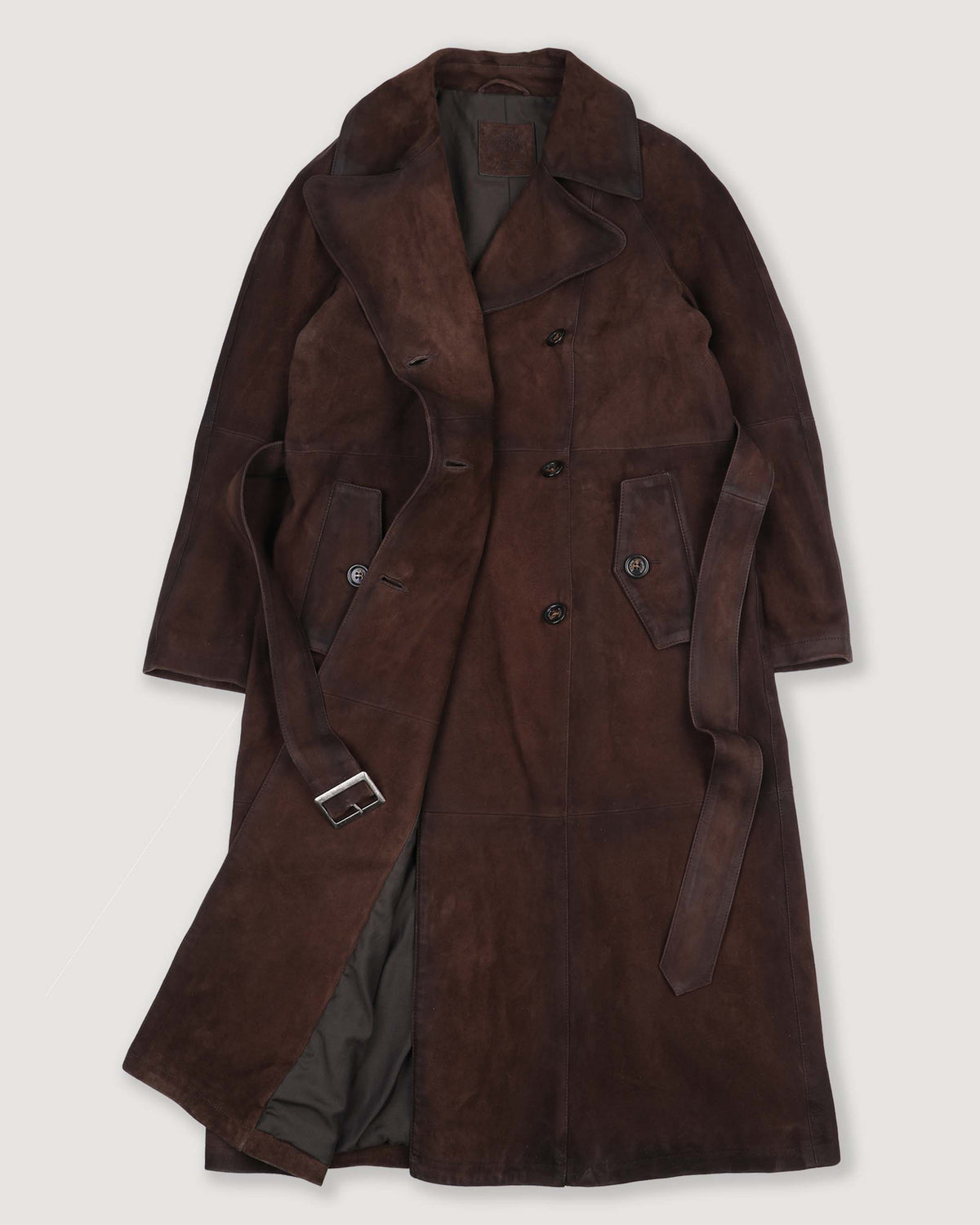 Trench doppio petto con cintura in heavy suede effetto vintage, foderato. Marrone - Brown